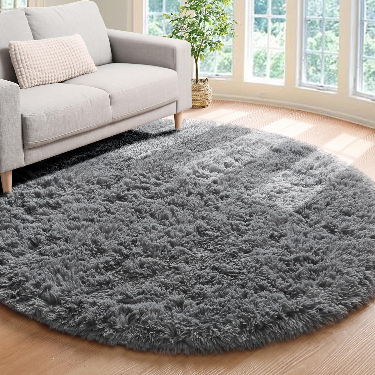 ONASAR Grey Round Area Rug 4ft, Gray Soft Bedroom Circle Throw Rugs for Kids Girls Boys Teen Dorm Room, Fluffy Plush Shaggy Carpet Mats for Nursery Living Room Playroom Home Office Decor Aesthetic