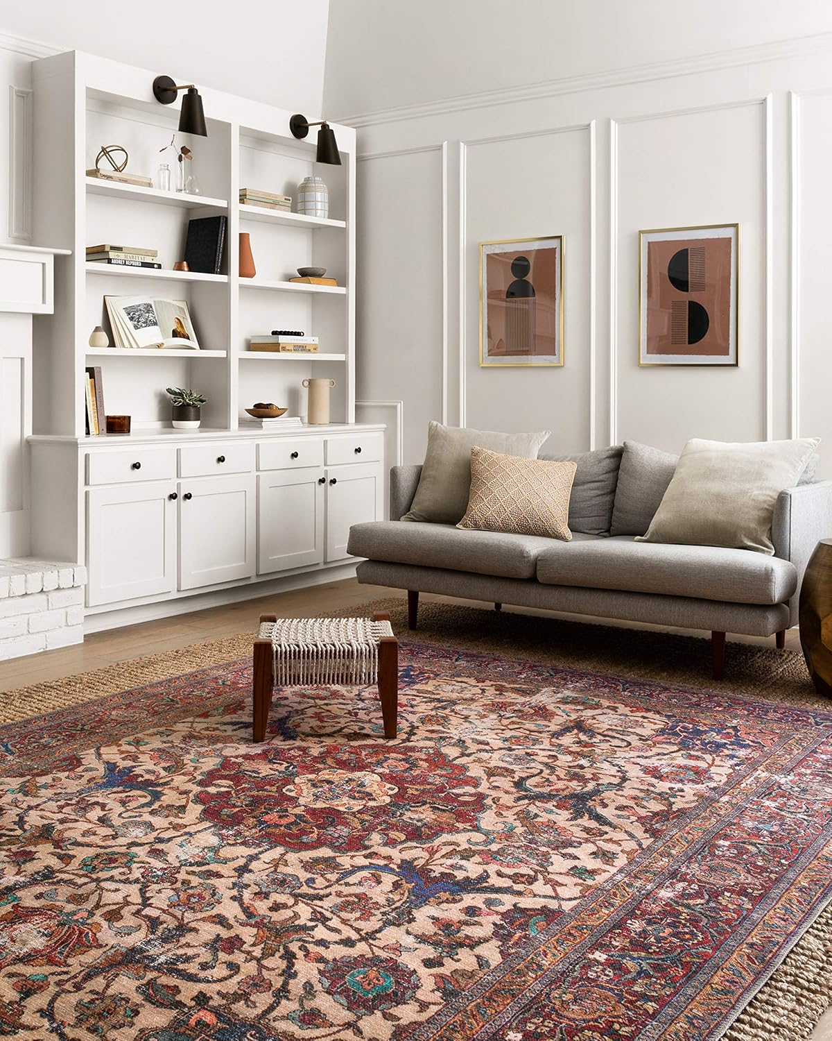 Sand and Multicolor Hand-Knotted Floral Accent Rug