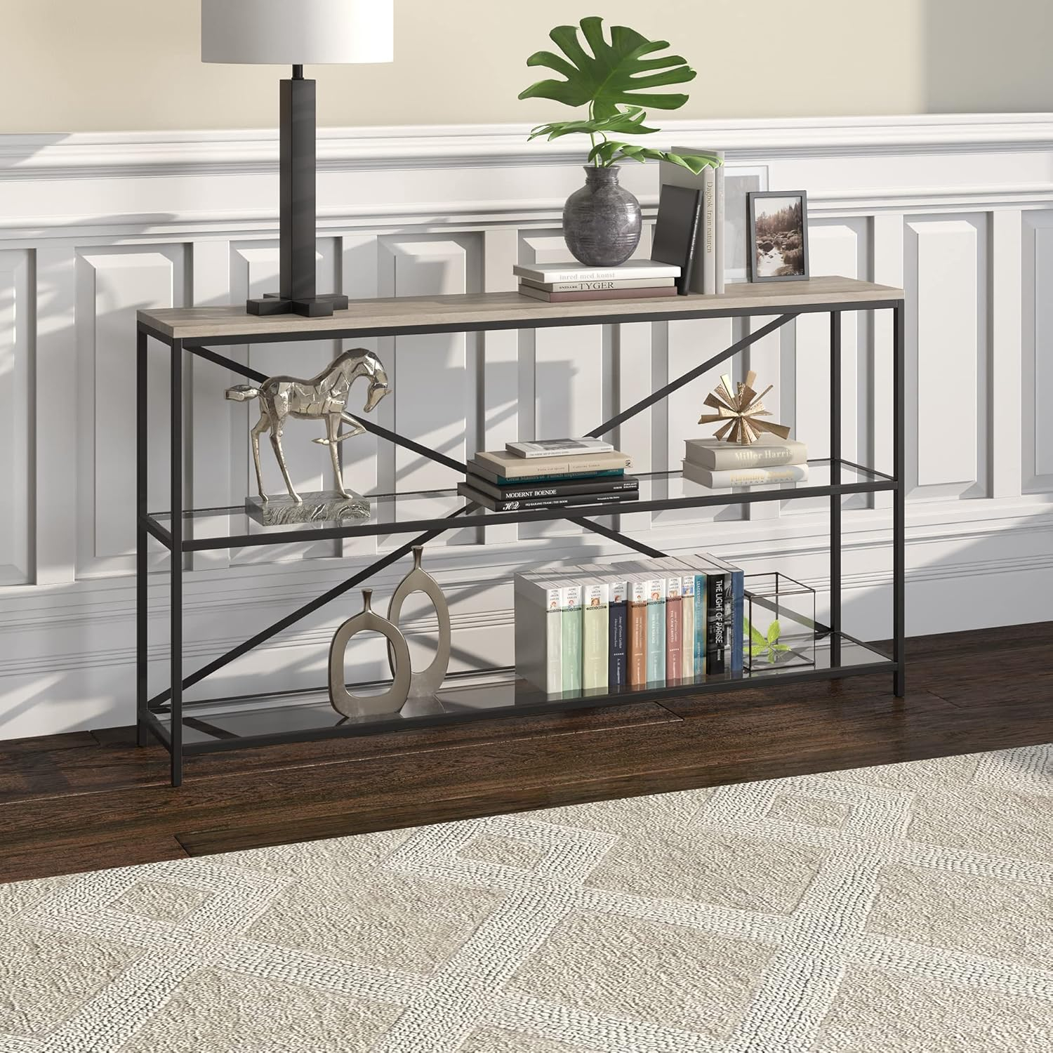 Evelyn&Zoe Fionn 55" Wide Rectangular Console Table, Blackened Bronze/Antiqued Gray Oak