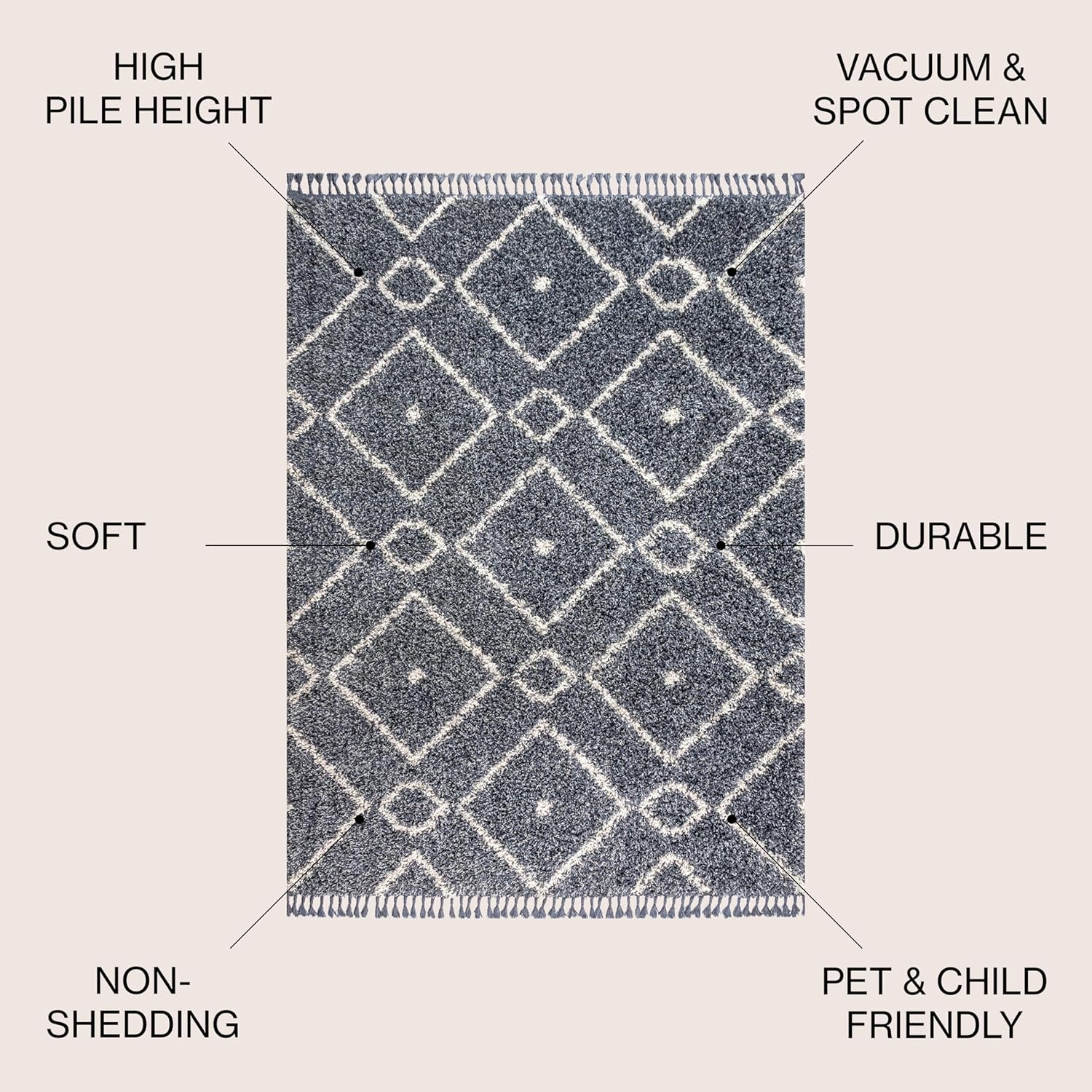 JONATHAN Y MCR105A-5 Mercer Shag Plush Tassel Moroccan Diamond Denim Blue/Cream 5 ft. x 8 ft. Area Rug, Shags Bohemian, Pet Friendly, Stain Resistant, Easy to Clean, for Living Room; Kitchen, Bedroom