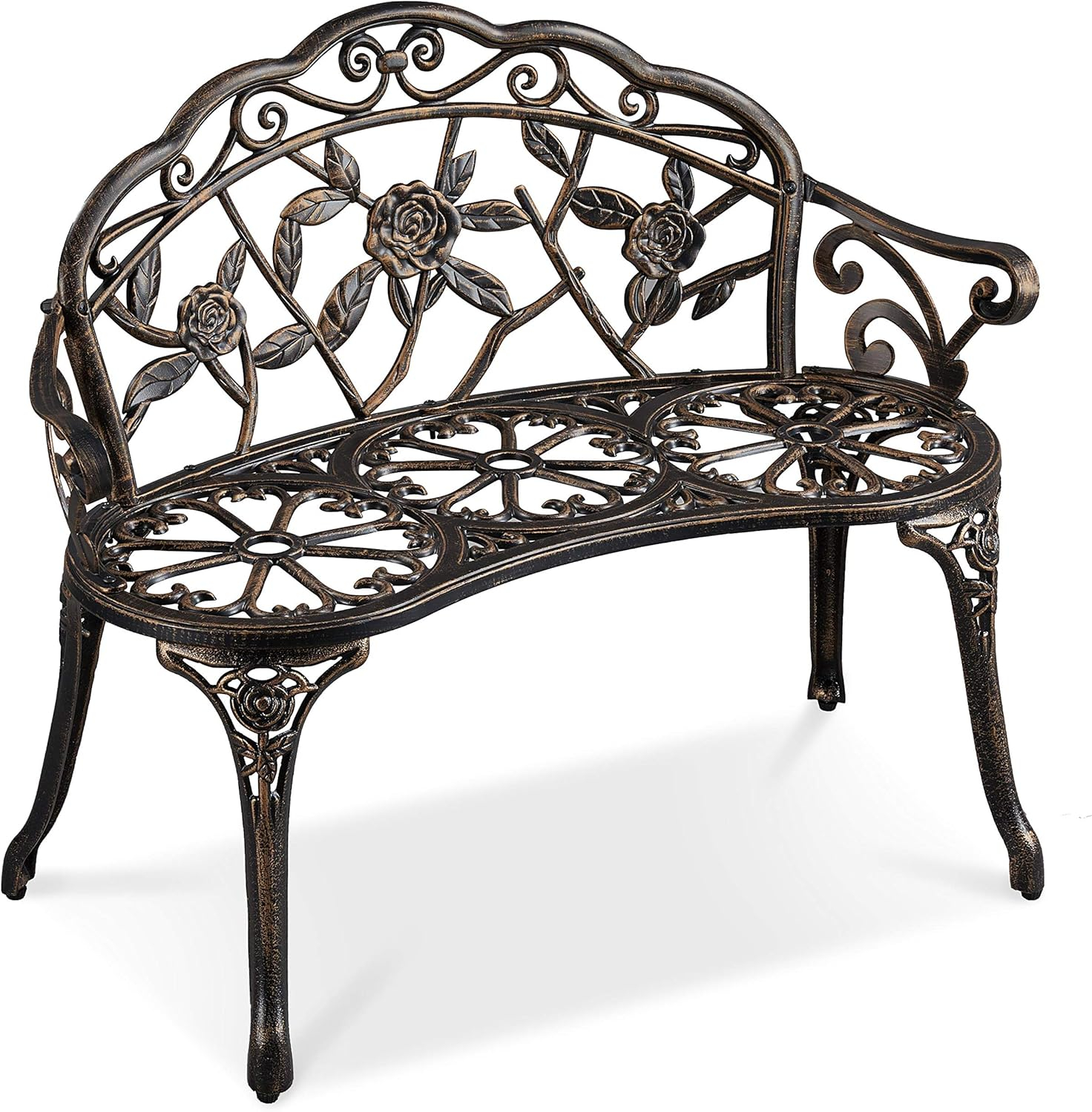 QSHIMY Patio Garden Bench Park Metal Rose Outdoor Benches, Aluminium Vintage Antique Furniture Chair Outside Benches Weather Proof Bench for Outdoor Porch, Lawn, Balcony, Backyard, Bronze
