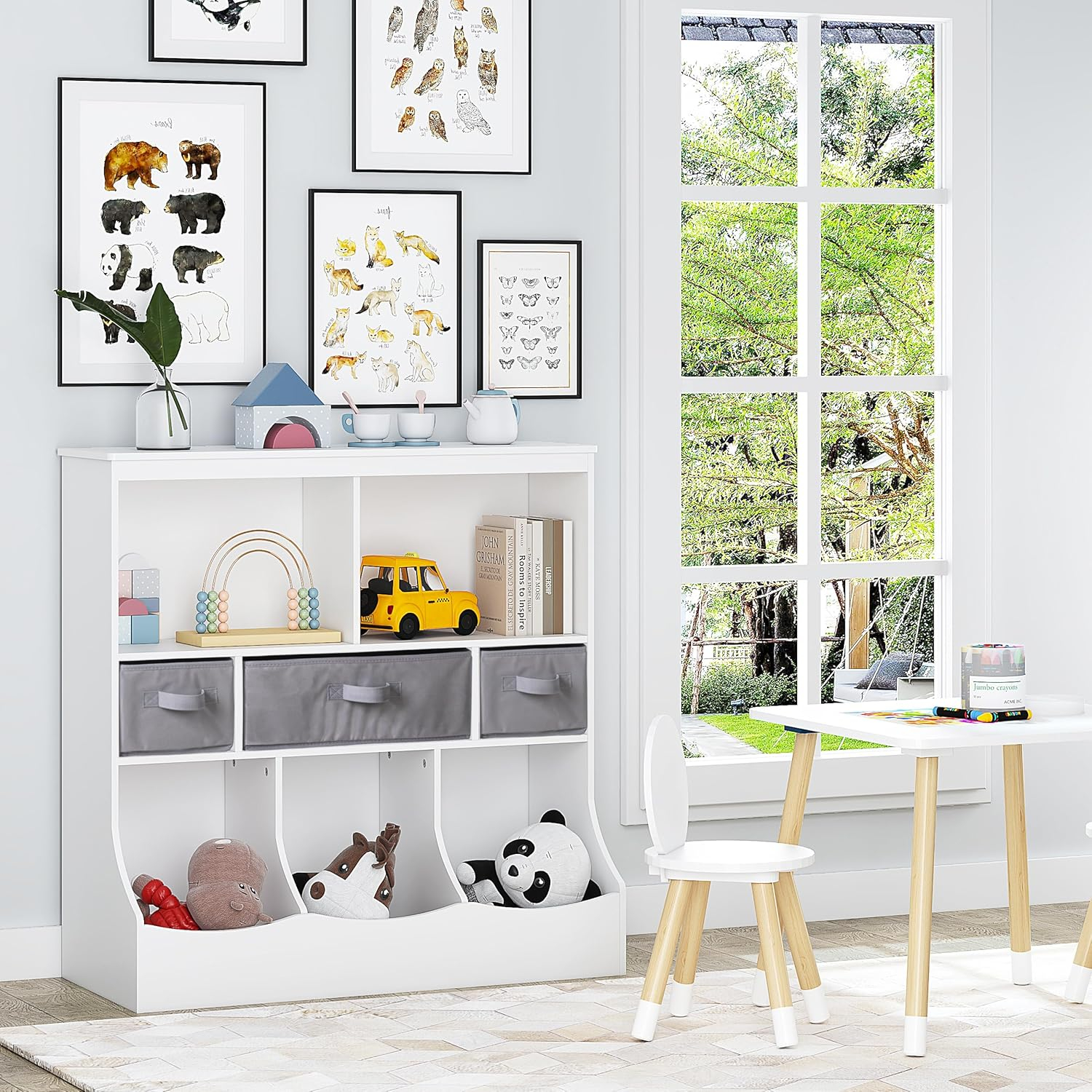 UTEX Toy Storage Organizer with Bookcase, Kids Bin Storage Unit with 8 Compartments and 3 Baskets, Toys Box, Multi Shelf Cubby for Books, Toys,White