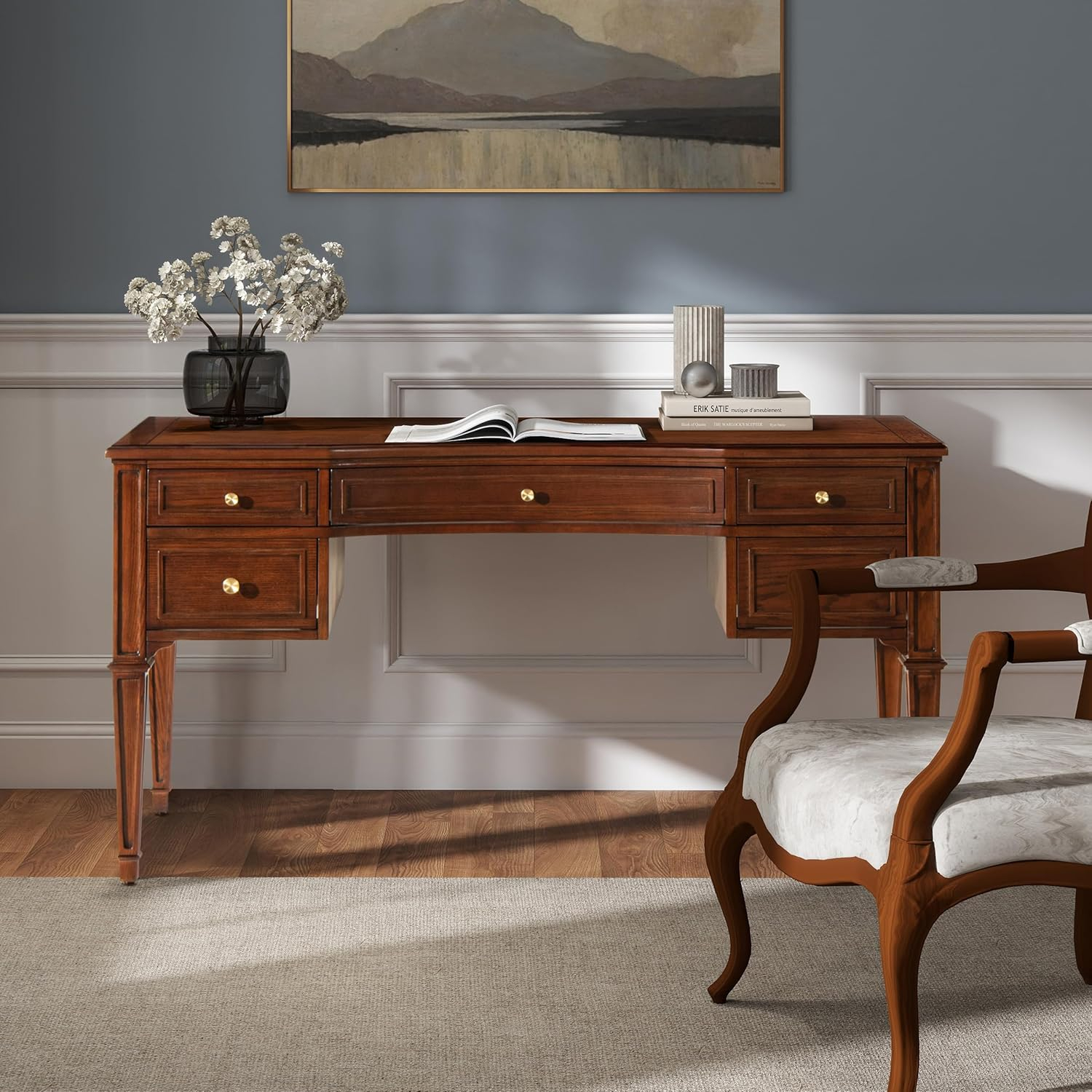 JTH LUXE Dauphin Gold Accent 5-Drawer Wood Executive Desk, Walnut Brown Wood