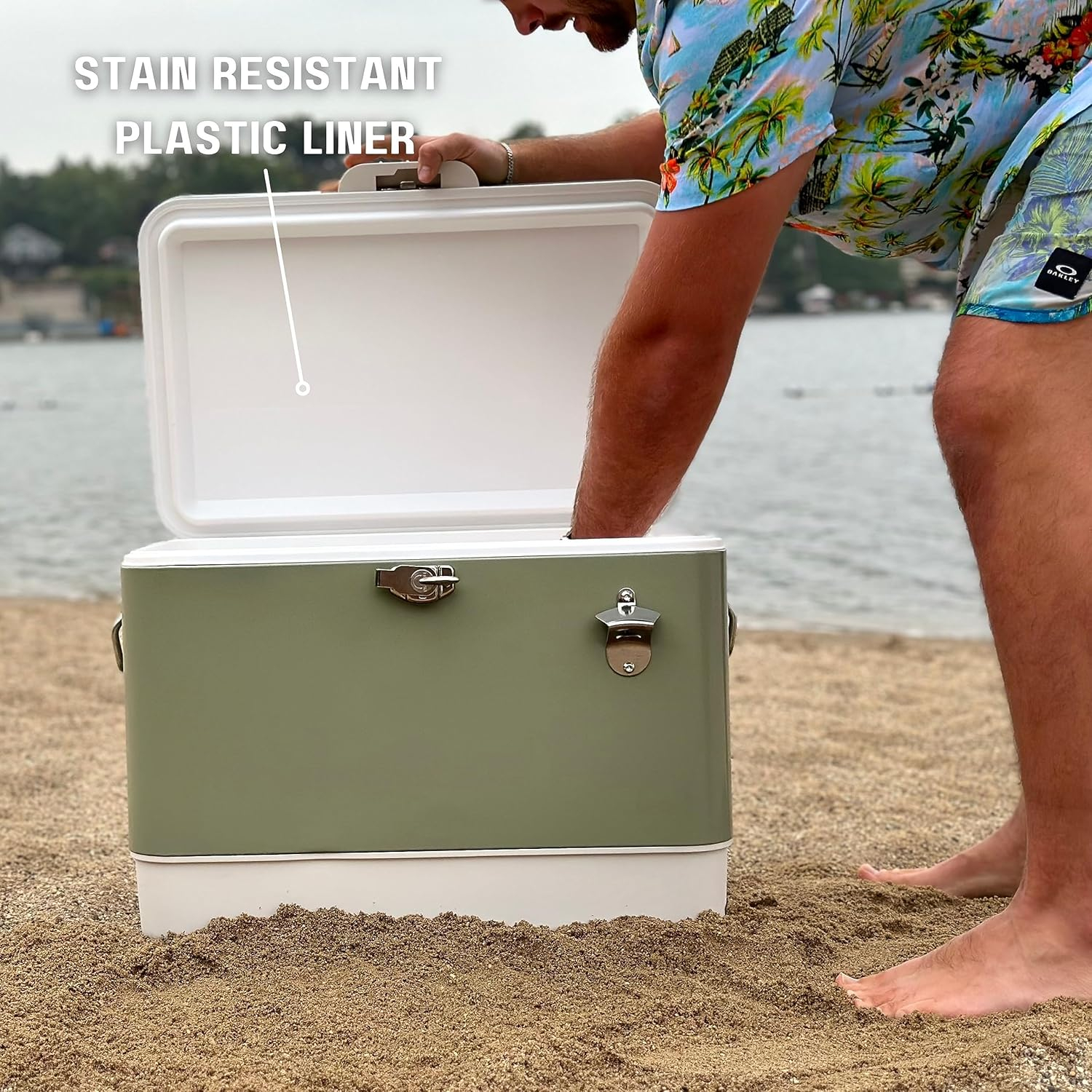 FSE Hard-Sided 80 Can/54 Qt. Two Tone Retro Metal Cooler, Holds 80 Beverage Cans, Metal Construction with Plastic Lining, Green/Cream