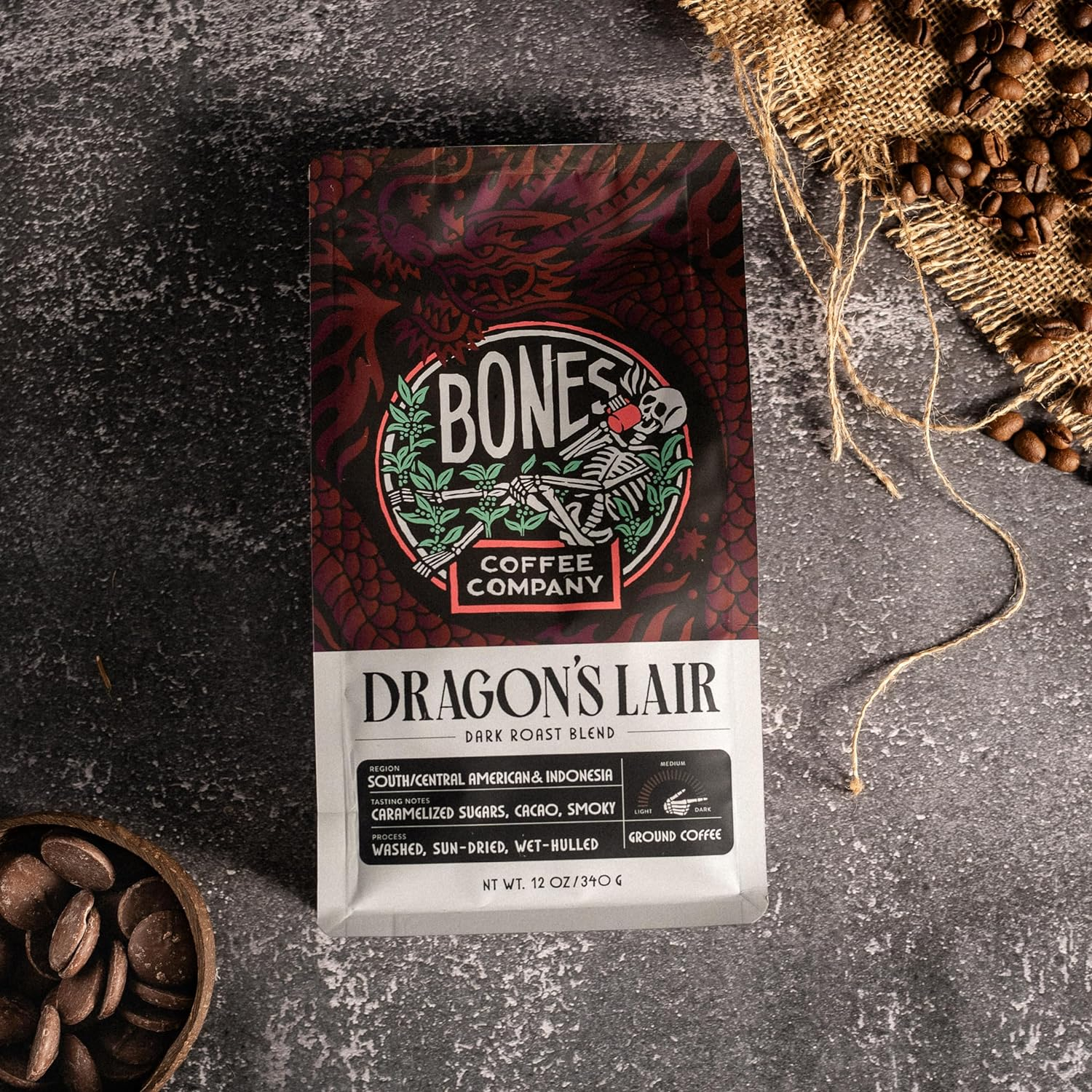Dragon's Lair Dark Roast Ground Coffee with Smoky Cacao Notes