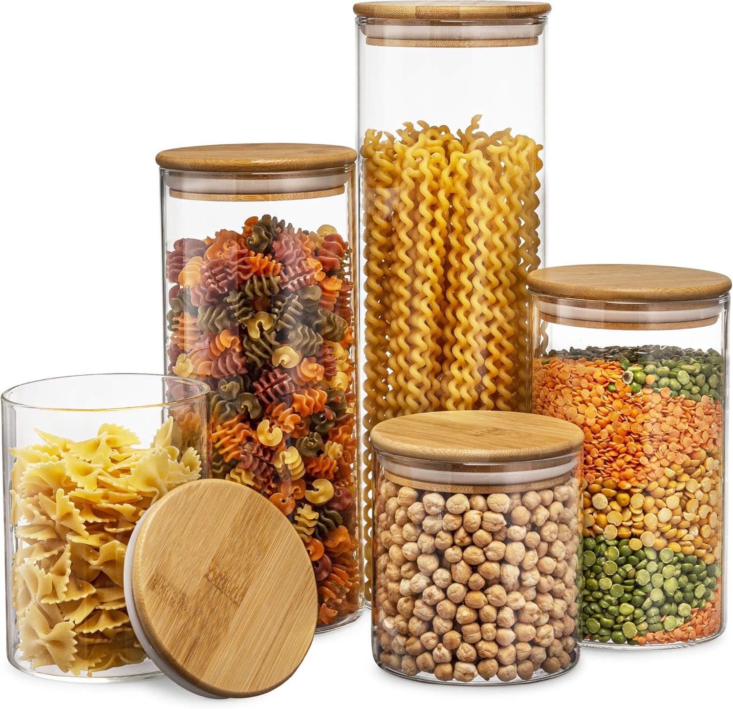 Glass Storage Jars with Bamboo Airtight Lids, Set of 5 Glass Canisters Sets for Kitchen Pantry