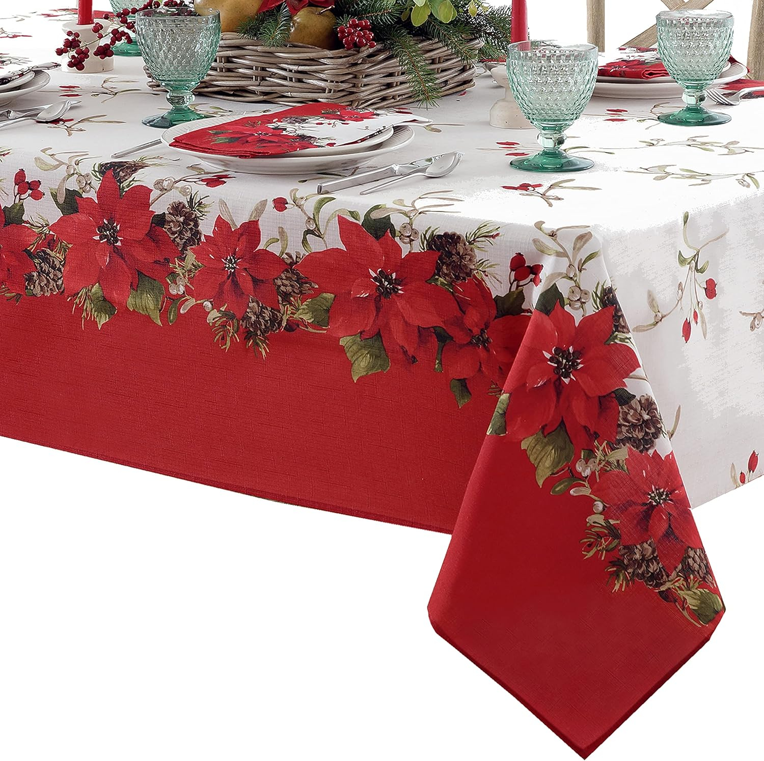 Newbridge Christmas Blooming Poinsettia’s Double Bordered 52 x 52 inch Square Fabric Tablecloth, Holiday Red and White Poinsettia Dining Table Cover