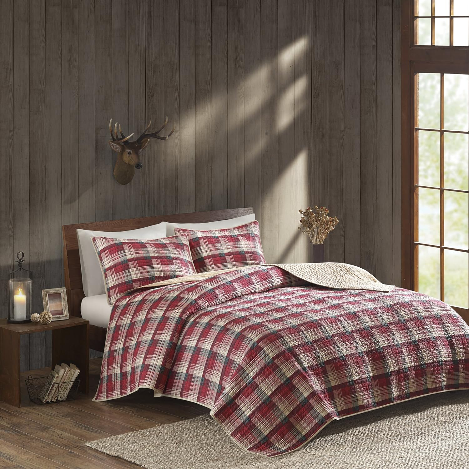 Woolrich Reversible Quilt Cabin Lifestyle Design - All Season, Breathable Coverlet Bedspread Bedding Set, Matching Shams, Oversized Full/Queen, Tasha Plaid Red/Tan 3 Piece