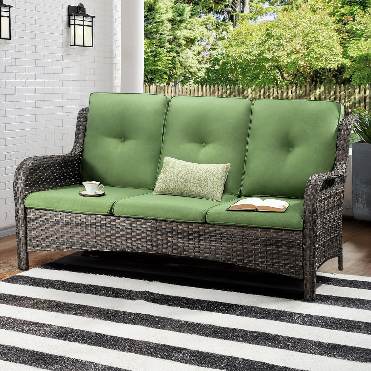 3-Seat Wicker Outdoor Patio Sofa Sectional Couch with Green Cushions