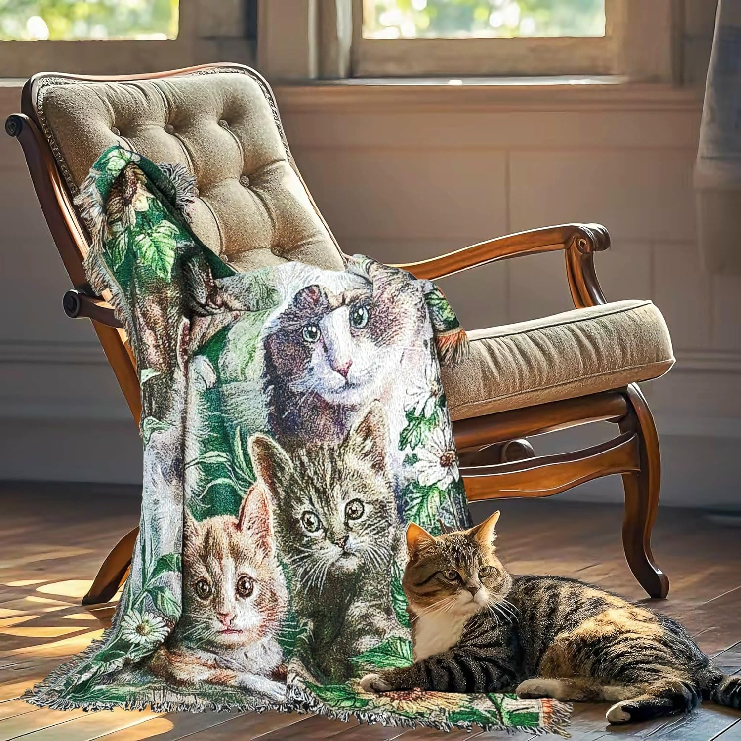 EZ.enjoy Garden Cat Flower Woven Tapestry Throw Blanket Wall Hanging Art Handicrafts Jacquard Multipurpose Soft Travel Mat Outdoor with Fringe Tassels 50 X 60 Inches