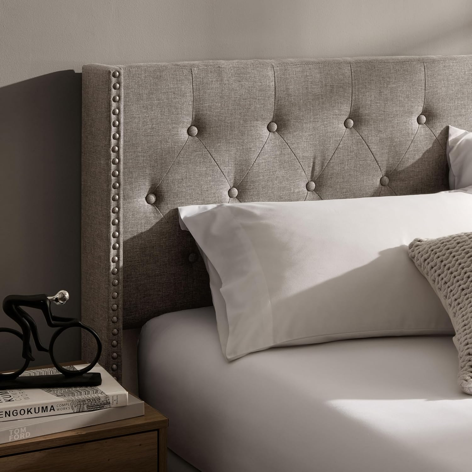 Hearth & Harbor Full Size Bed Frame with Wingback Headboard - Linen Platform, Button-Tufted Upholstered, Modern Double Bedframe, Box Spring Required, Beige