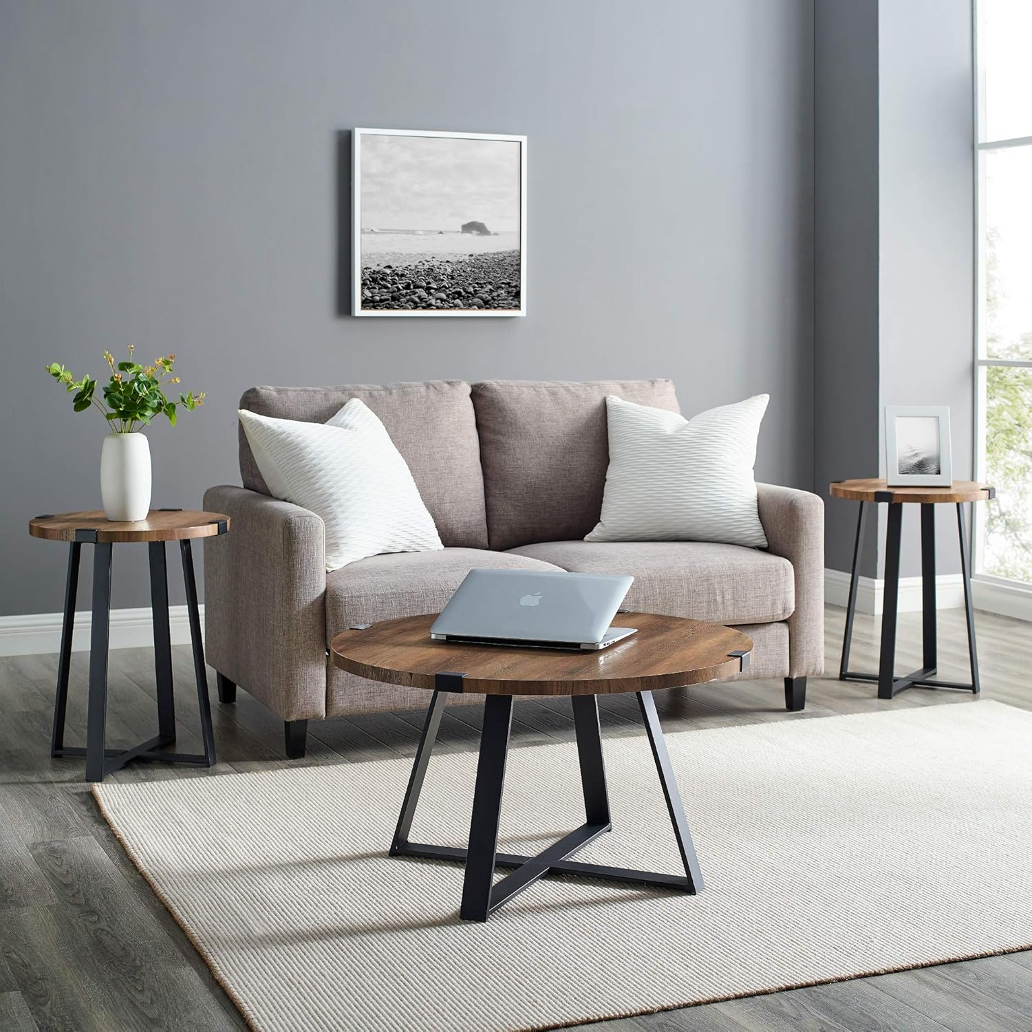 Walker Edison Anastasia Modern Metal Wrap X Base Coffee Table, 30 Inch, Black and Rustic Oak