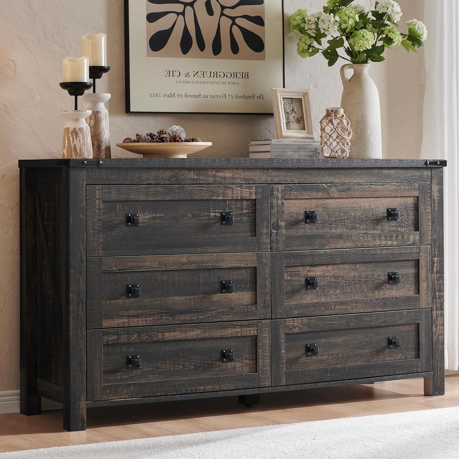 Farmhouse 6-Drawer Dresser - Rustic Dark Oak Storage, 54"L x 16"D x 31"H, Barn Door Style, Antique Brass Knobs, Wide Chest Organizer for Bedroom/Living Room