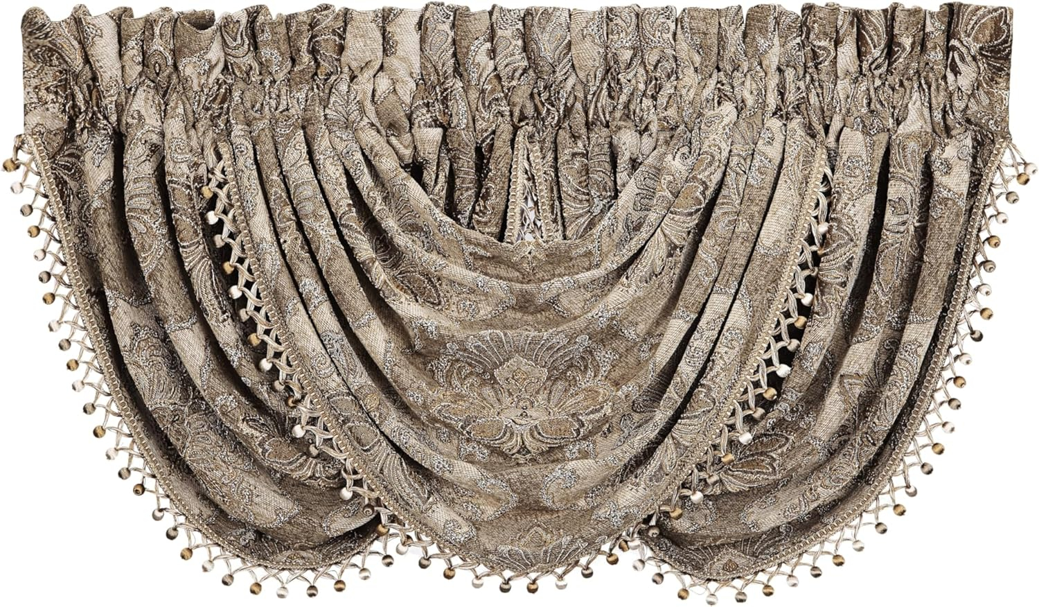 Natural Chenille Damask Waterfall Valance with Tassel Fringe
