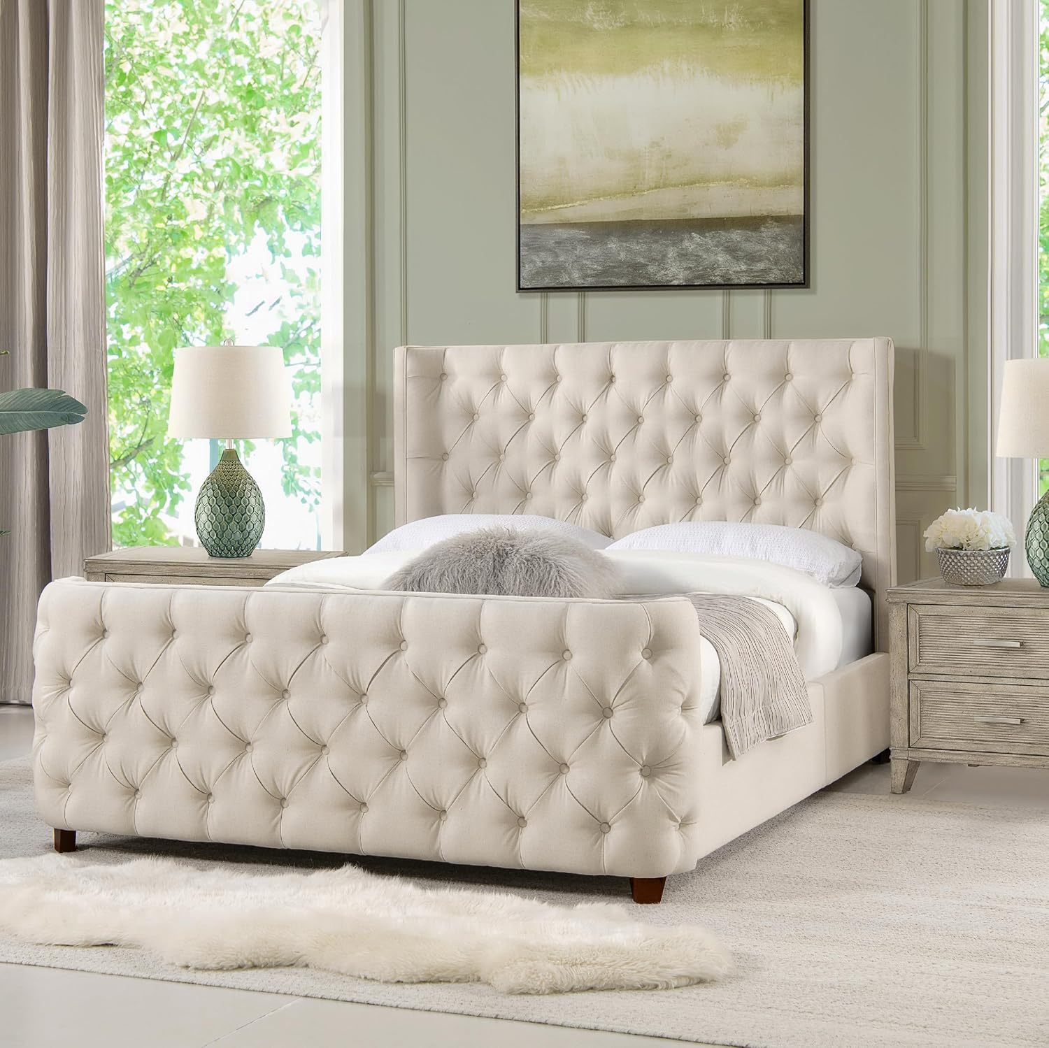 Jennifer Taylor Home Geneva Estructura de Cama con Plataforma Tapizada con Alas Curvas, Tamaño Queen, Lino Beige Claro