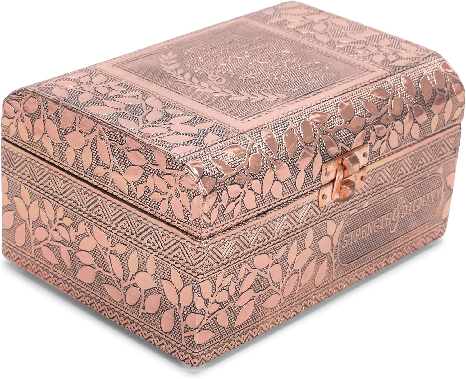 Cottage Garden Strength Copper Tone Metal Stamped Round Top Trunk Keepsake Box