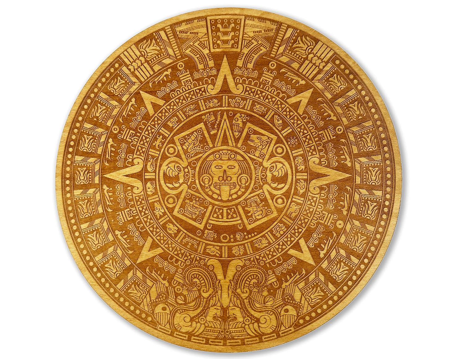 Urbalabs Wood Aztec Calendar Wall Decor 12" Inch Wall Hanging Mexico Aztec Calendar Mayan Calendar Cinco De Mayo Mexican Sun Azteca Calendario Laser Engraved Made In USA (12 Inch)