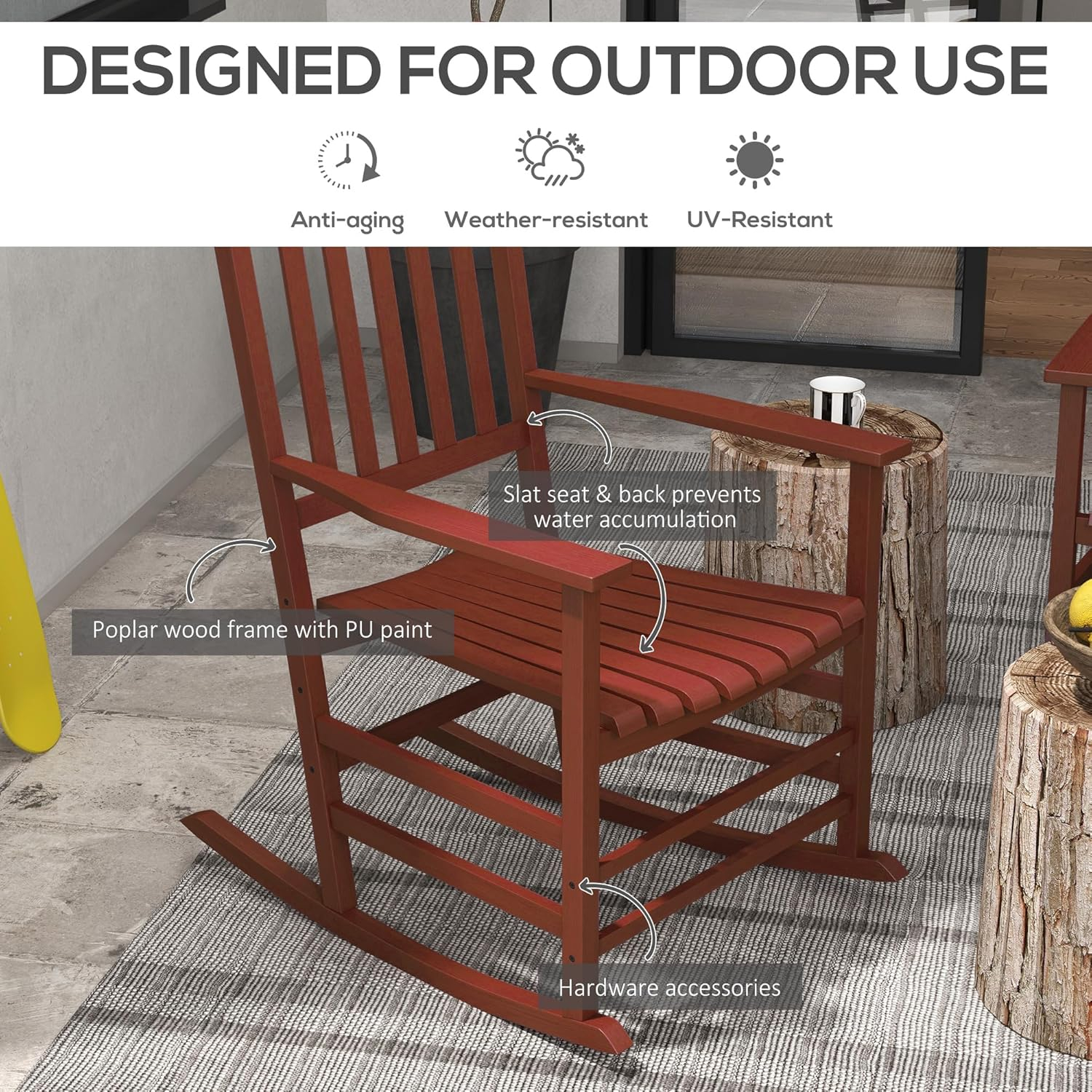 Outsunny Outdoor Rocking Chair Set of 2, Patio Rocking Chair with Smooth Curves, High Density Wooden Rockers for Lawn Garden Porch, Supports Up to 350lbs, Wine Red