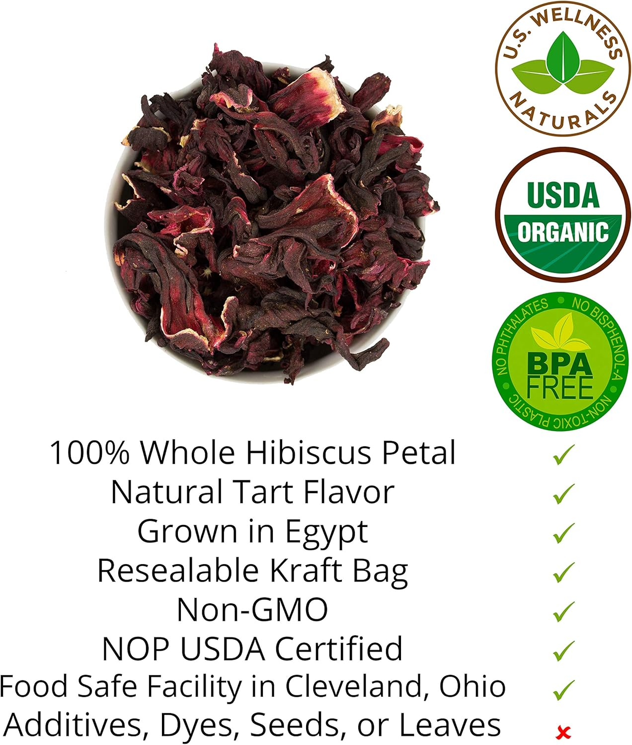 Hibiscus Tea 1LB (16Oz) 100% CERTIFIED Organic Hibiscus Flowers Herbal Tea (WHOLE PETALS), Caffeine Free in 1 lbs. Bulk Resealable Kraft BPA free Bags from U.S. Wellness