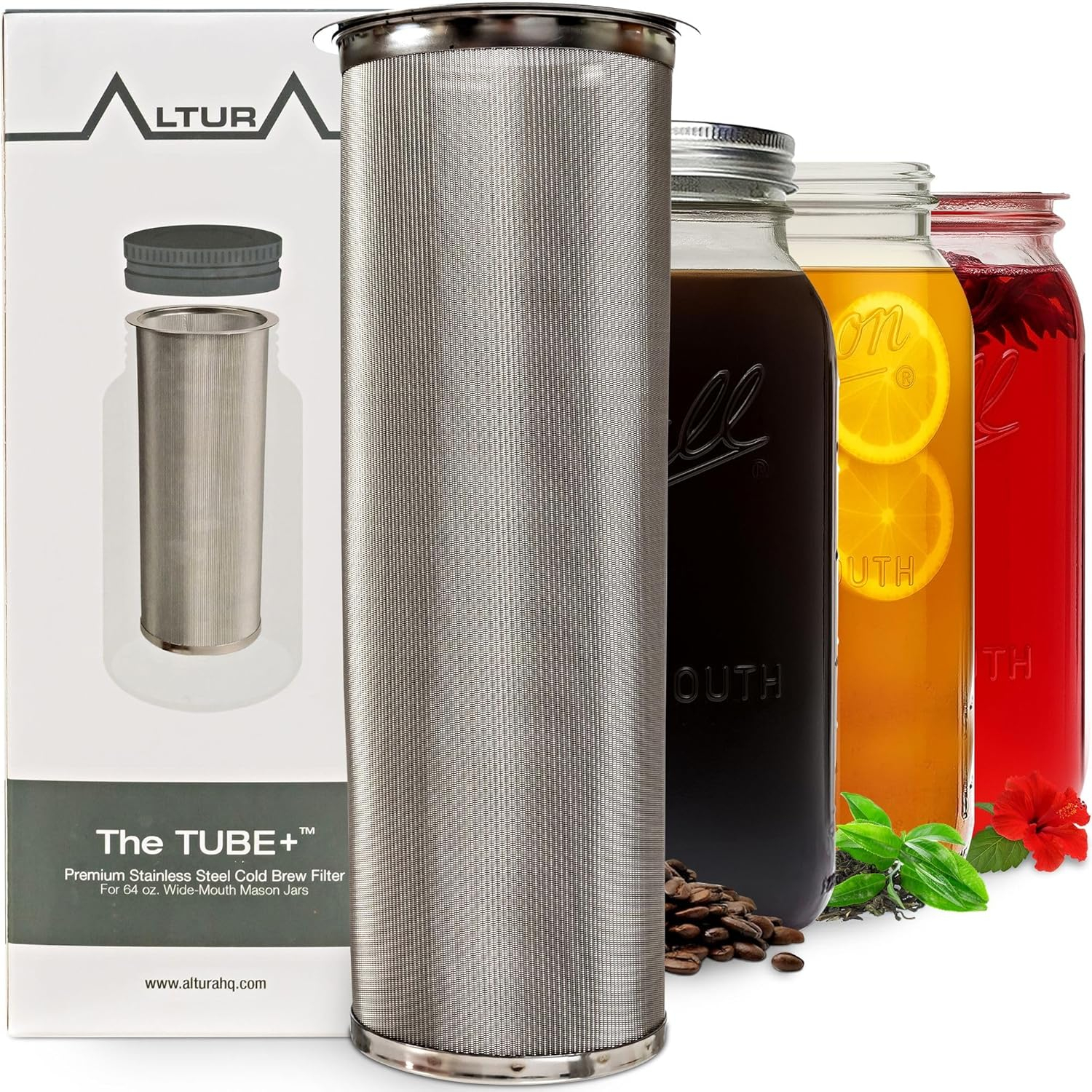 Altura The TUBE+ Cold Brew Coffee Maker and Tea Infuser for Wide Mouth Mason Jars - Stainless Steel Cold Brew Filter Strainer for Iced Coffee, Fruit Water & More - (64oz/2qt)
