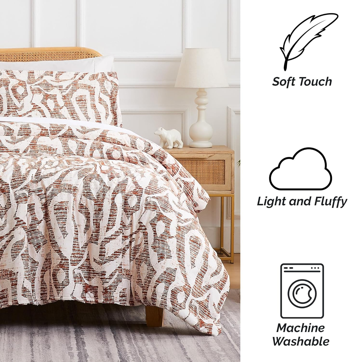 Southshore Fine Living, Inc. Oversized King Size Comforter Bedding Set, Down Alternative Filling, Modern Abstract Bed Spread, California/King Comforter & Matching Shams, Rust Khari