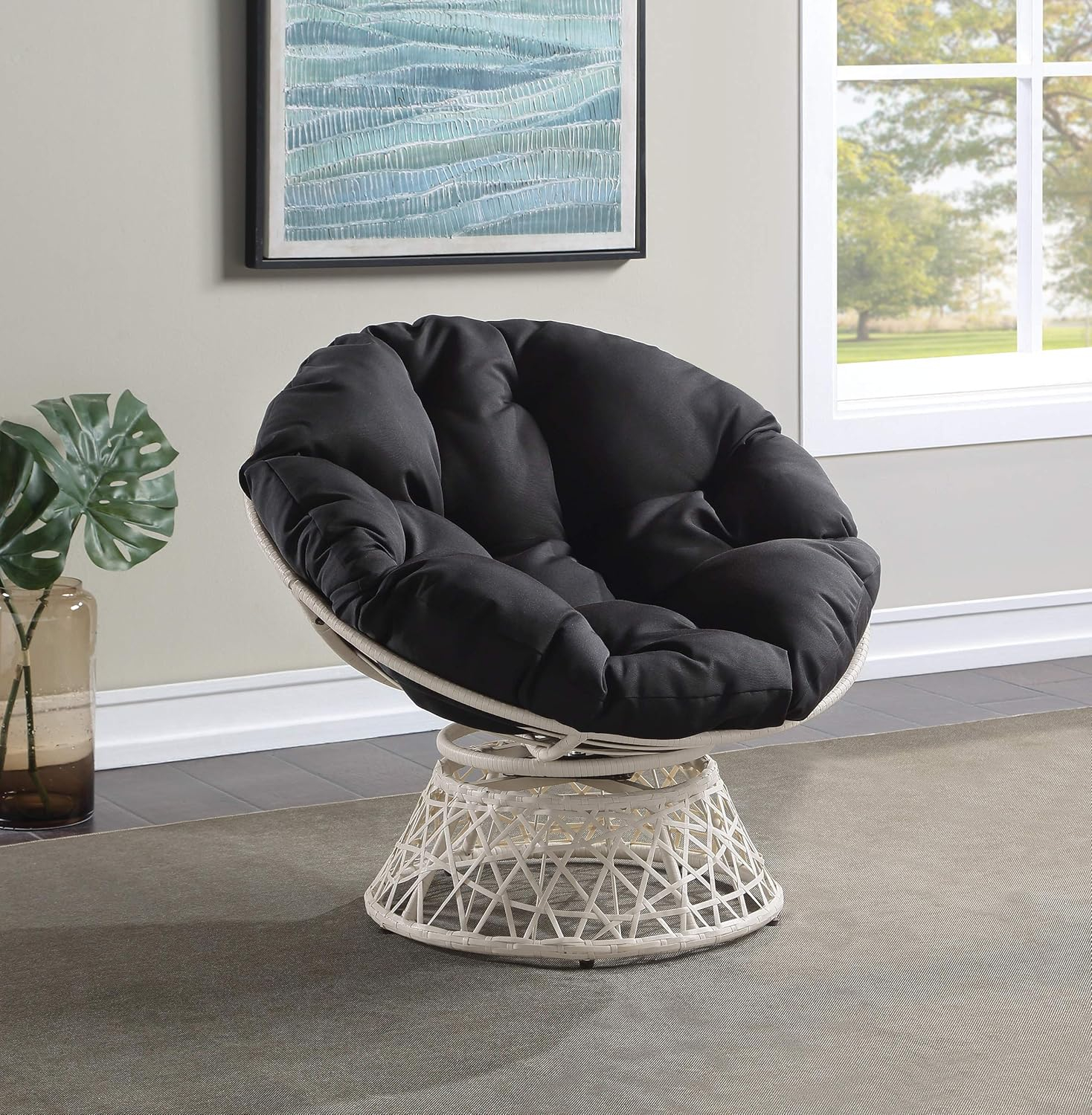 Papasan Chair with Black Round Fabric Pillow Cushion and Cream Wicker Weave