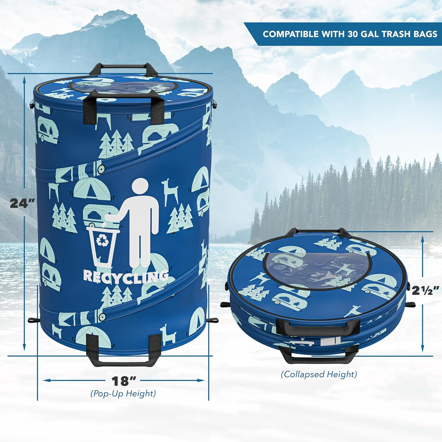 30 Gallon Collapsible Pop-Up Recycling Can for RV's, Camping, Recycling, Yard Waste, Leaf Bag, Children Toy Bin (Recycling Can)