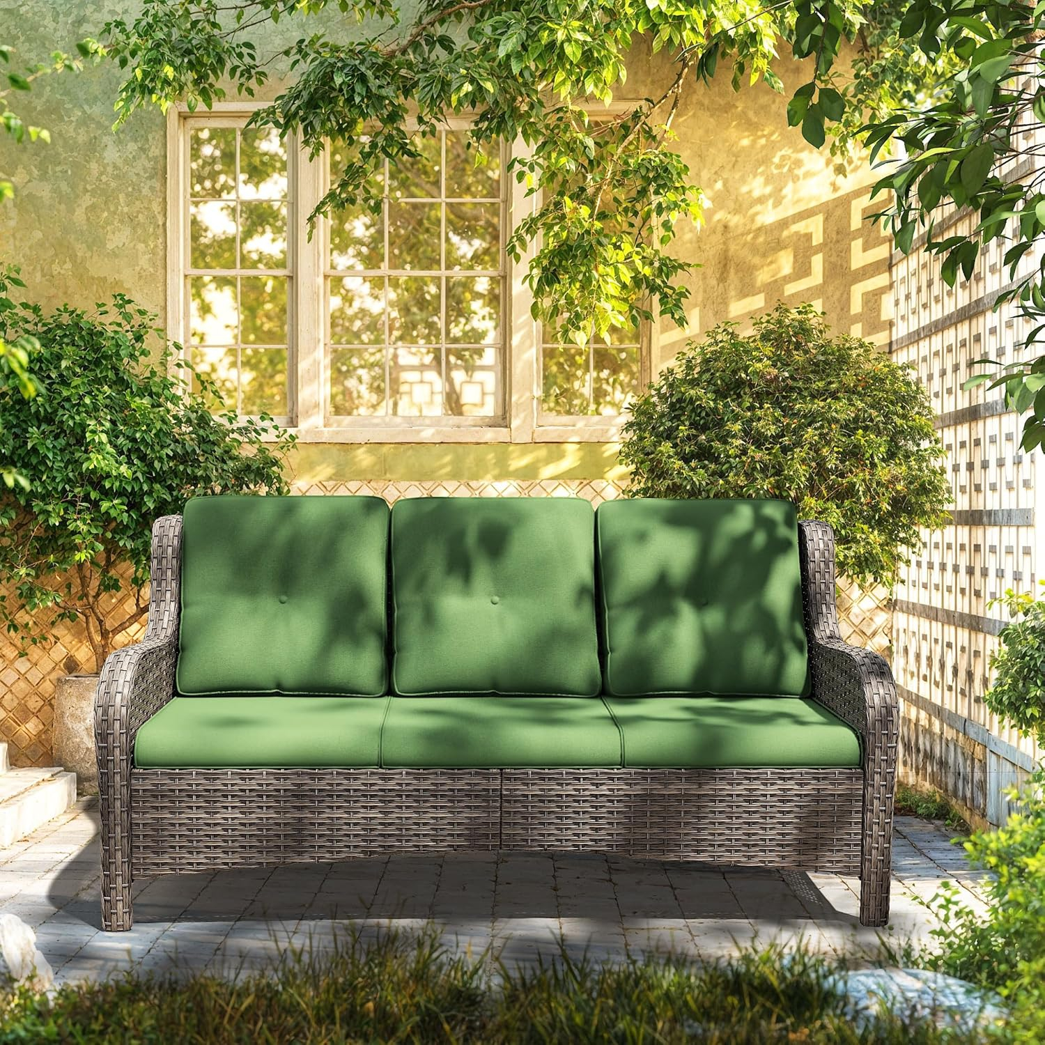 3-Seat Wicker Outdoor Patio Sofa Sectional Couch with Green Cushions