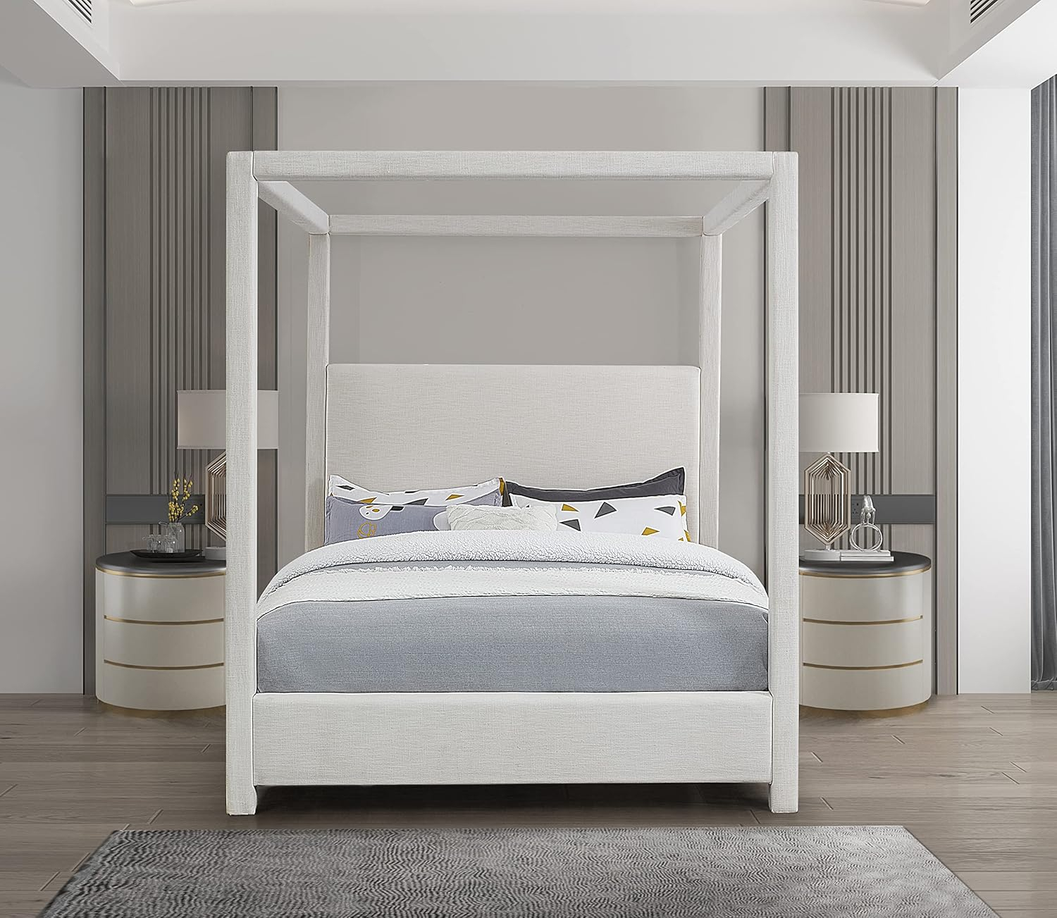 Meridian Furniture Emerson Cream Linen Textured Fabric Queen Bed