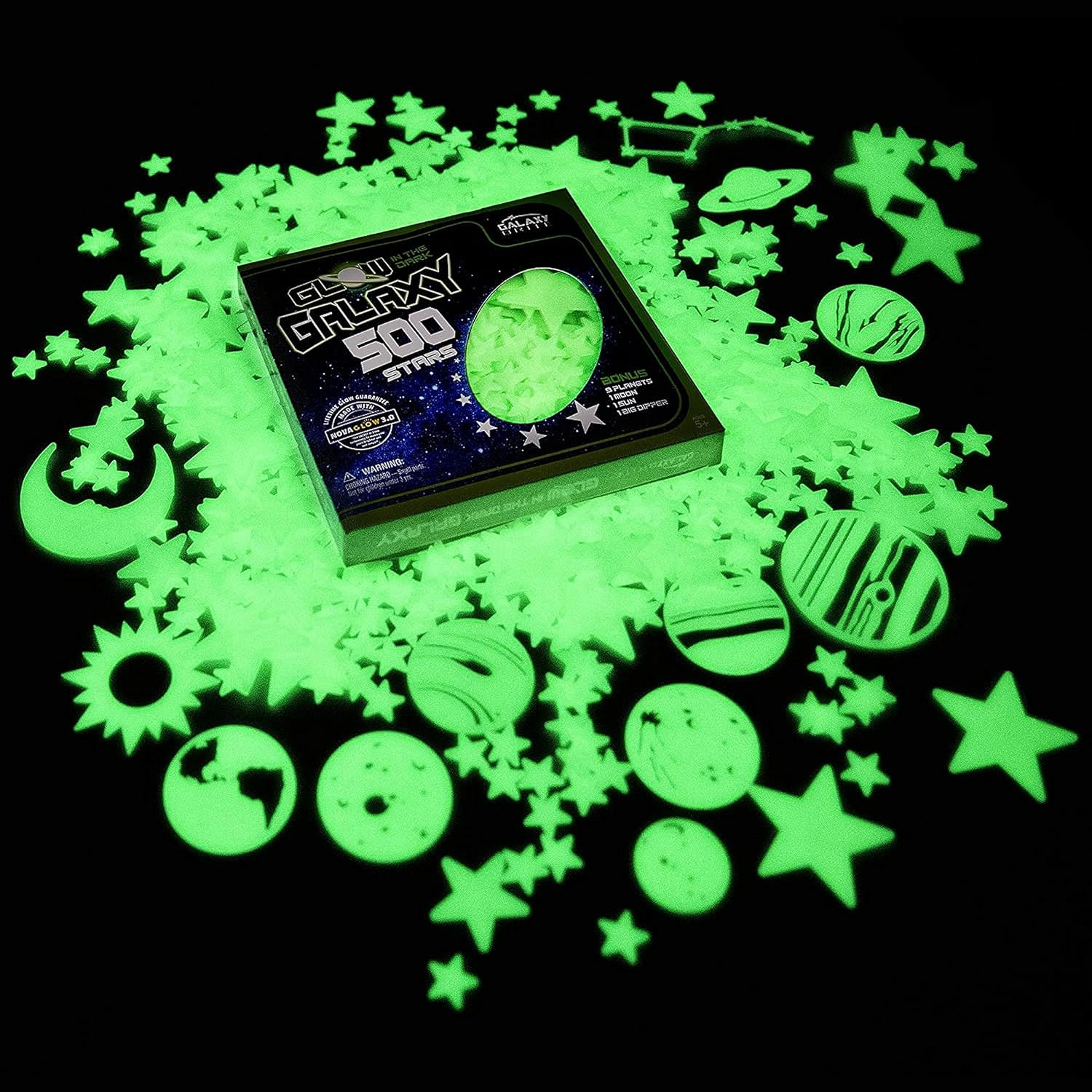 Glow in The Dark Stars for Ceiling, 500-Count, Largest Ceiling Glow Stars Assortment Includes Jumbo Sun, All 9 Planets, Bonus Moon and Entire Big Dipper Constellation Plus More! Stocking Stuffers
