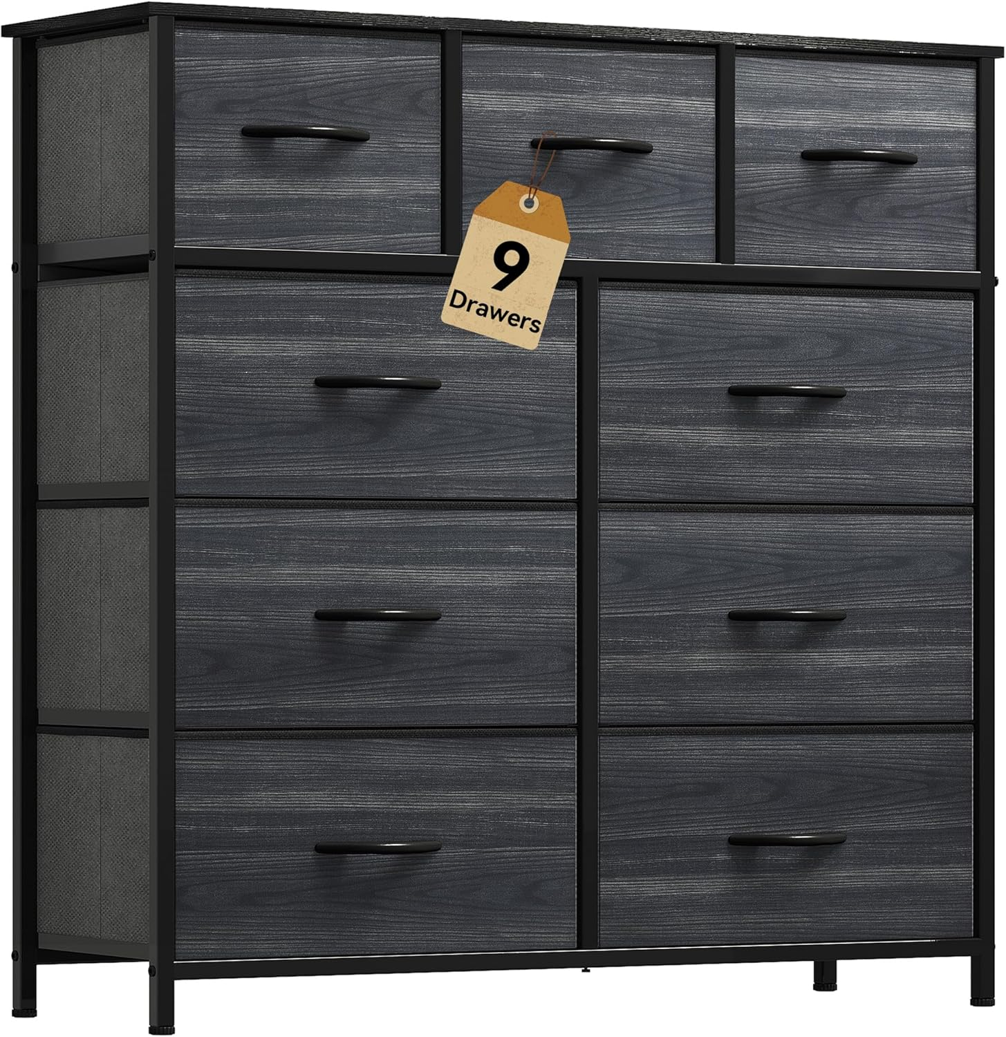 YITAHOME Dresser with 9 Drawers - Fabric Storage Tower, Organizer Unit for Living Room, Hallway, Closets - Sturdy Steel Frame, Wooden Top & Easy Pull Fabric Bins (Charcoal Black Wood Grain)