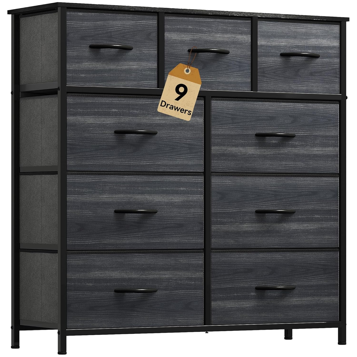 YITAHOME Dresser with 9 Drawers - Fabric Storage Tower, Organizer Unit for Living Room, Hallway, Closets - Sturdy Steel Frame, Wooden Top & Easy Pull Fabric Bins (Charcoal Black Wood Grain)