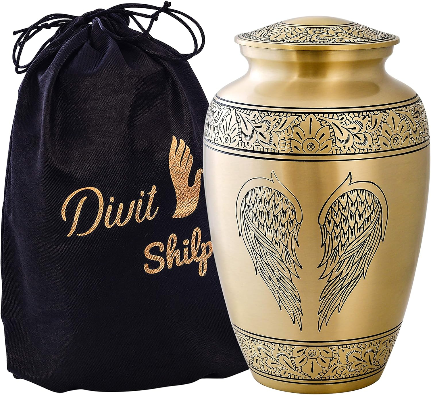 Cremation Urn for Human Ashes with Satin Bag, for Adults up to 200 lbs | Large Handcrafted Funeral Urns by Divit Shilp (Golden Angel Wings, Adult)