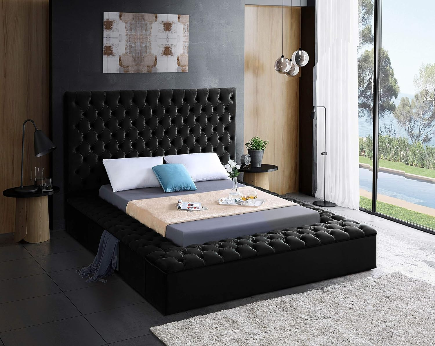 Bliss Navy Velvet King Bed (3 Boxes)-Color:Navy Velvet,Style:Contemporary