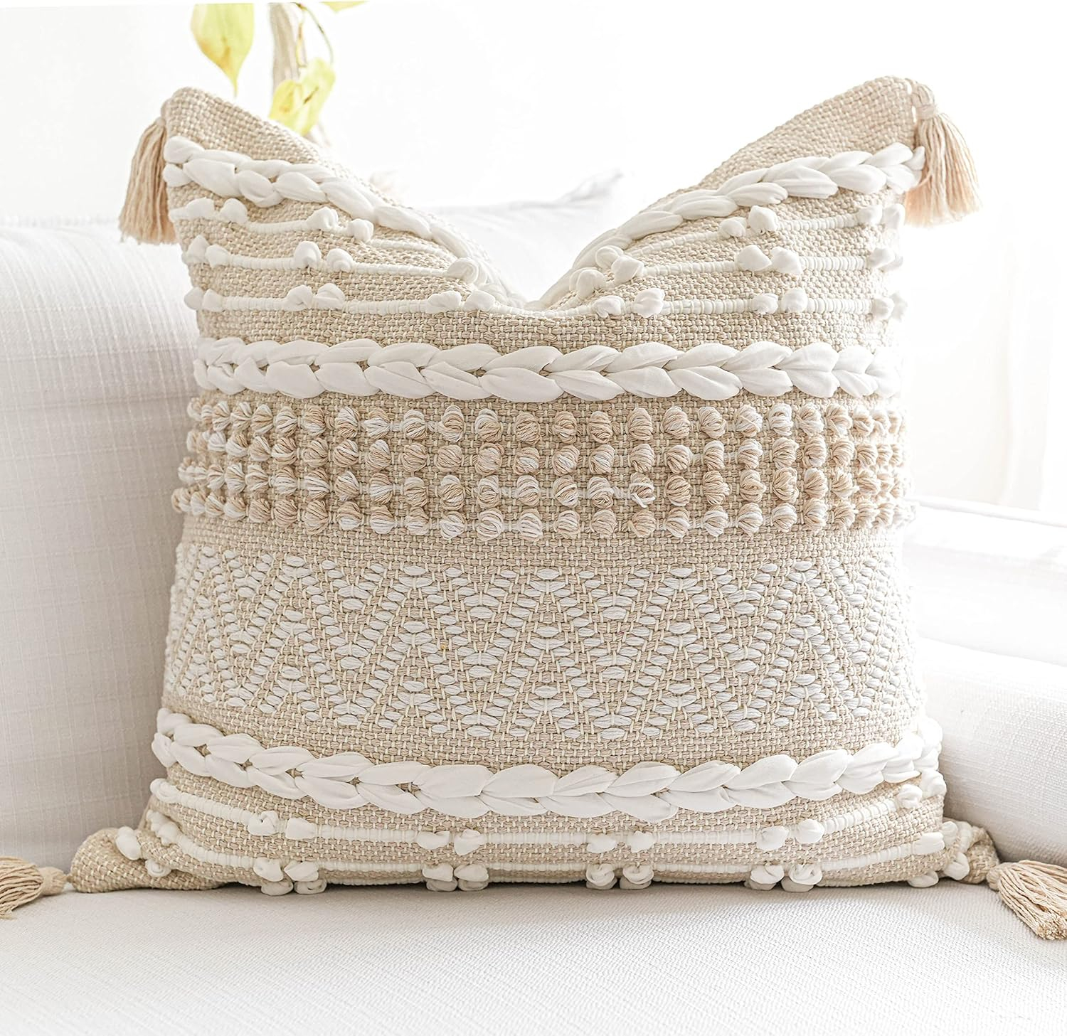 Cream White Boho Throw Pillow Cover 20X20, Decorative Neutral Accent Pillow for Couch, Square Woven Textured Pillowcase, Modern Boho Pillow for Bed, Bohemian Pillow Cover (Pack of 1)