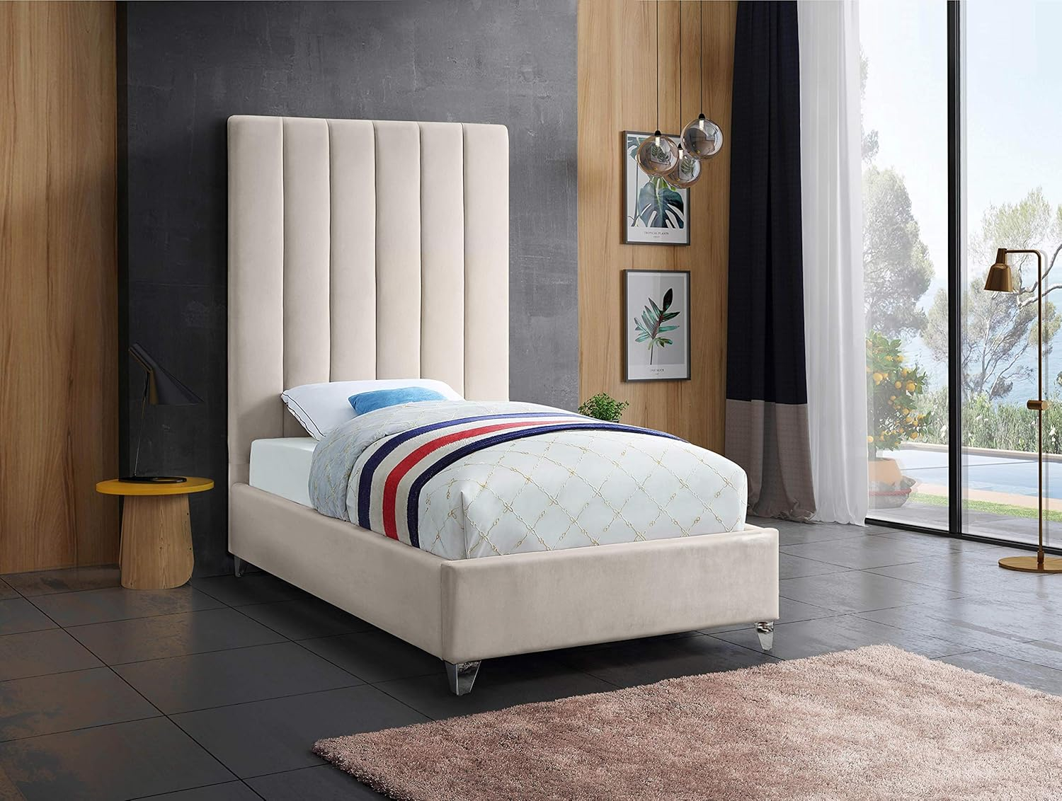Meridian Furniture Via Rich Velvet Twin Bed in Cream