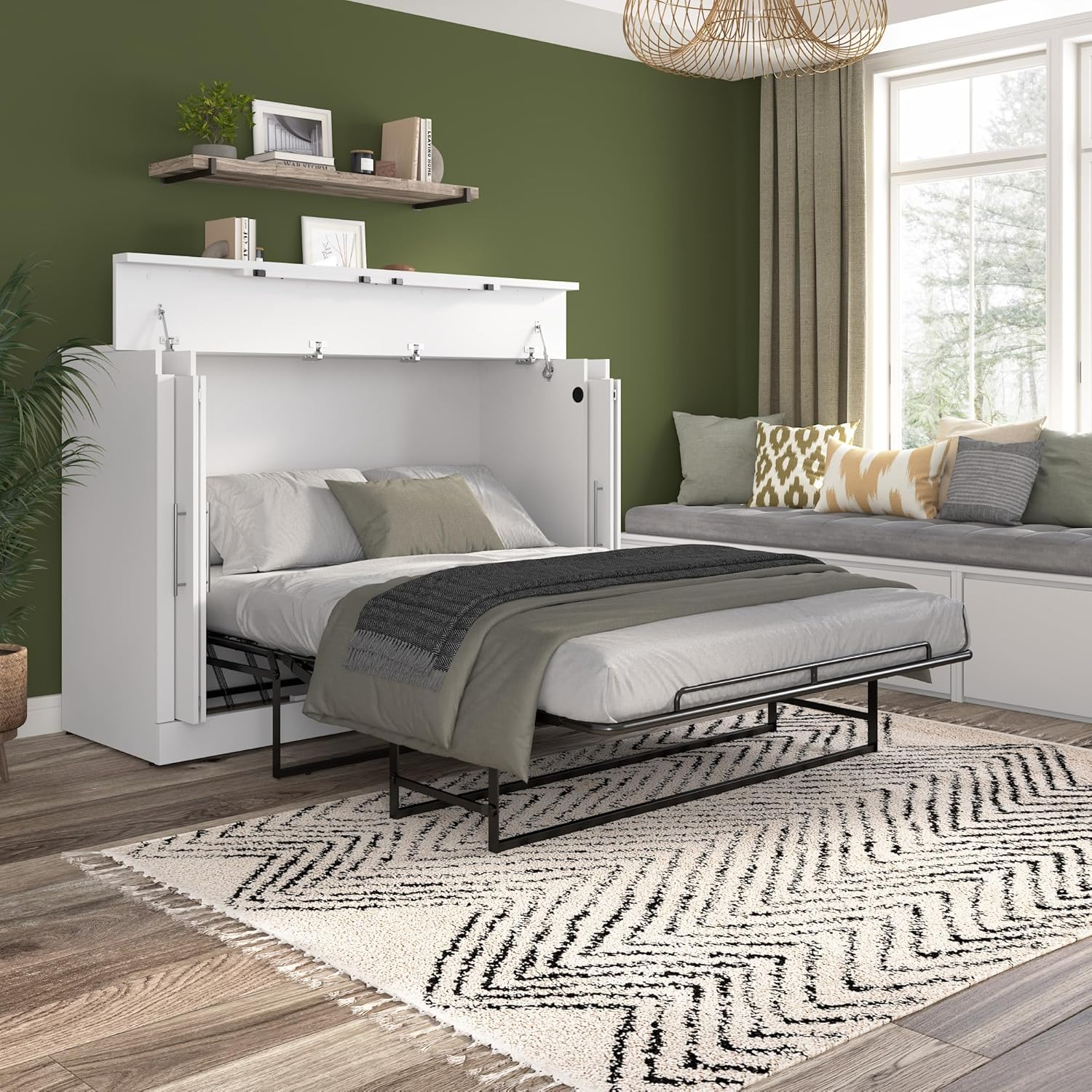 Bestar Nebula 69W Full Size Murphy Cabinet Bed with Mattress in White, 69-inch Space-Saving Sleeping Arrangement for Multipurpose Guest Room or Home Office