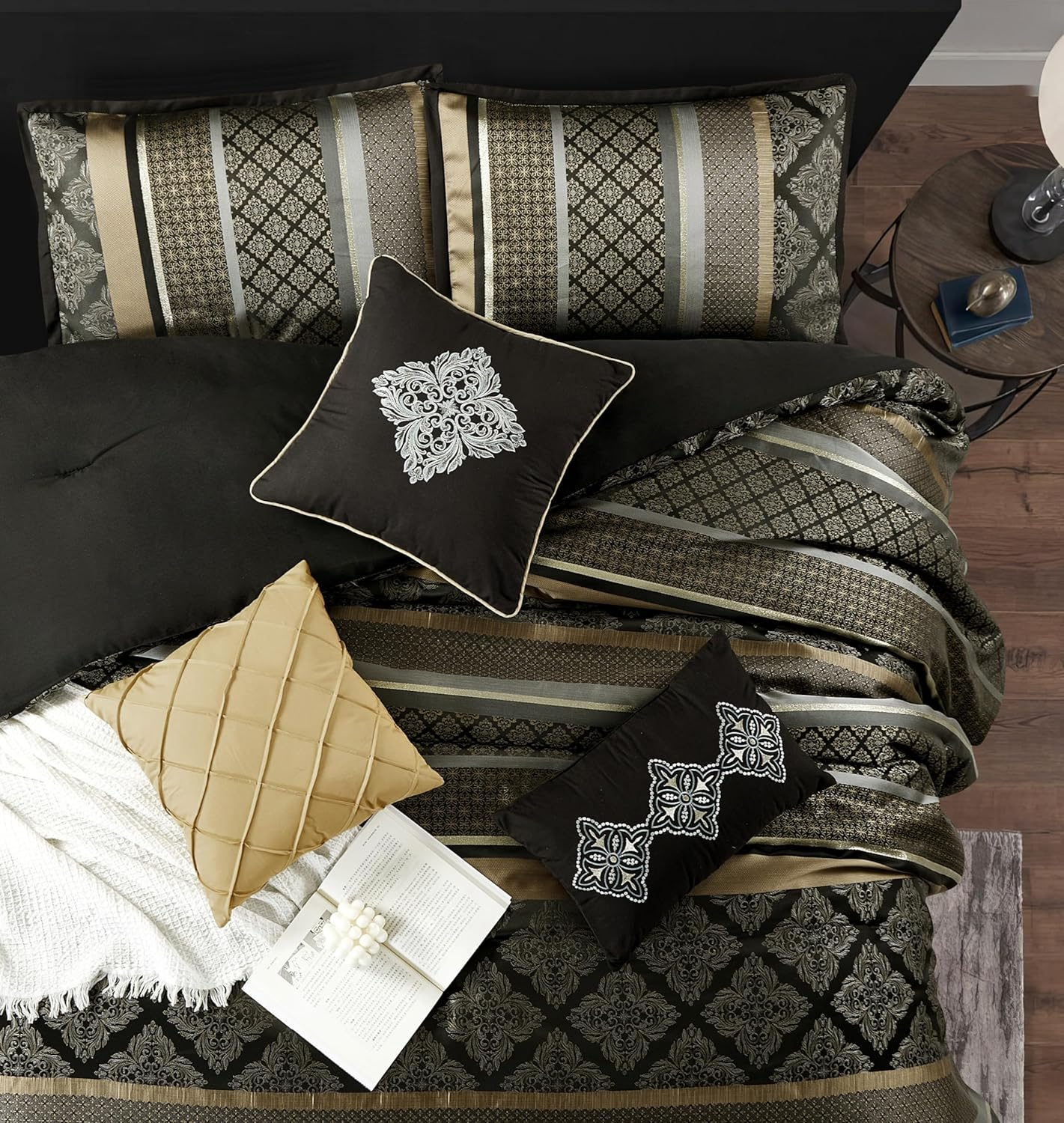 Nanshing Markus 9 Piece Traditional Damask Comforter Set, Black Gold, Queen