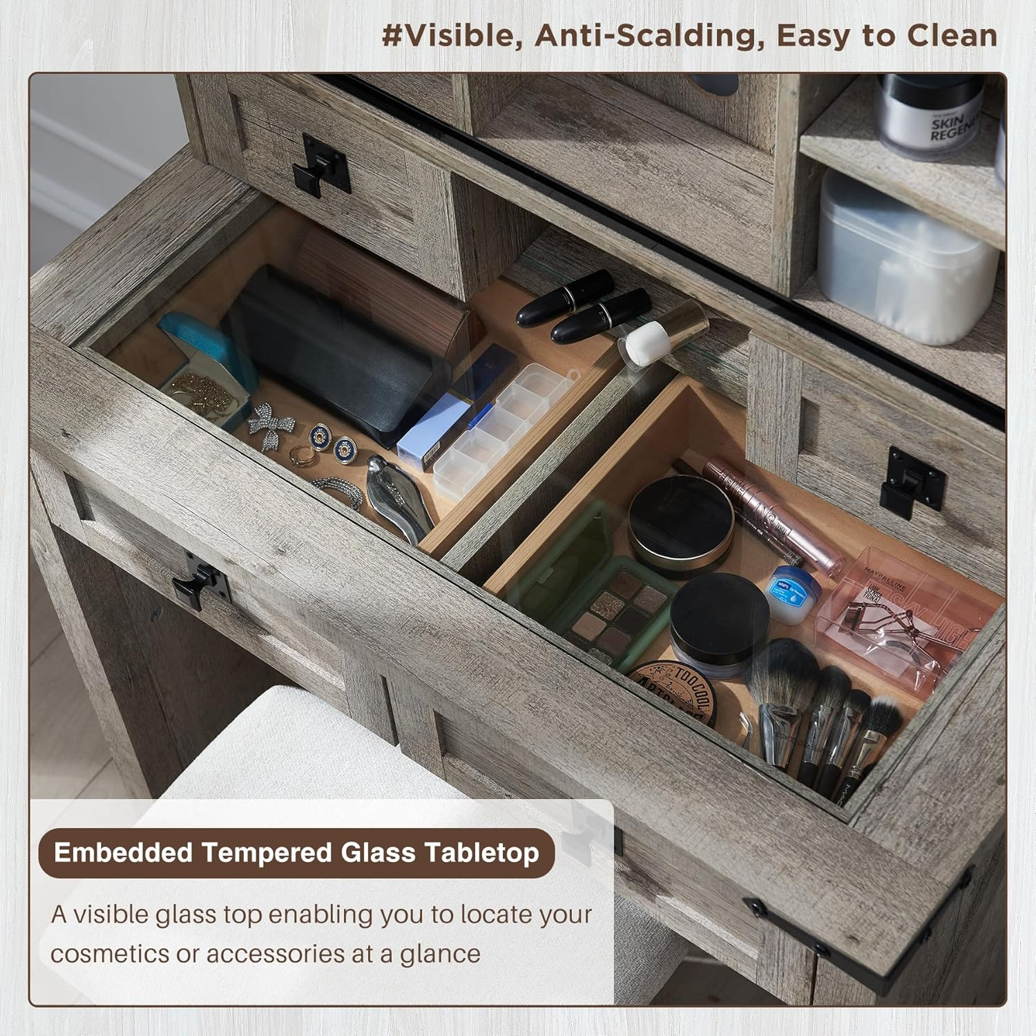 OKD Rustic Vanity Set with Adjustable Lights Sliding Mirror, Farmhouse Wood Vanity Makeup Desk Set with Stool for Bedroom, Light Rustic Oak
