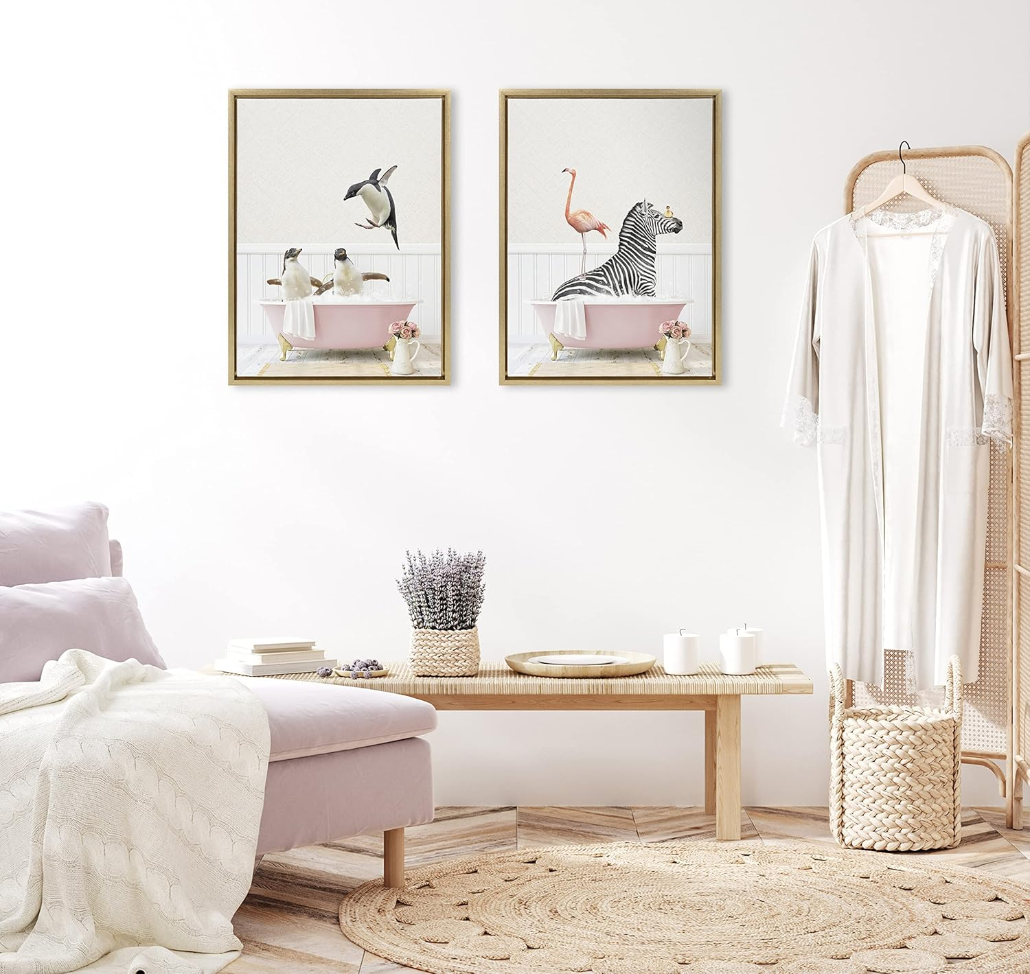 Gold Framed Zebra and Flamingo Canvas Wall Art, 18x24