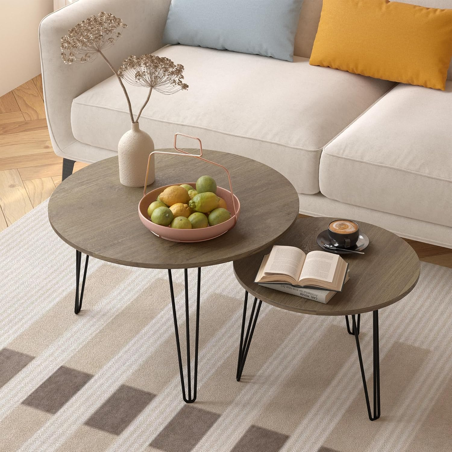 Yesfashion 27.56" Nesting Coffee Table Set Of 2, Modern Round Marble Pattern Wooden Side Tables With Metal Frame, Circular Nesting End Table Set For Living Room