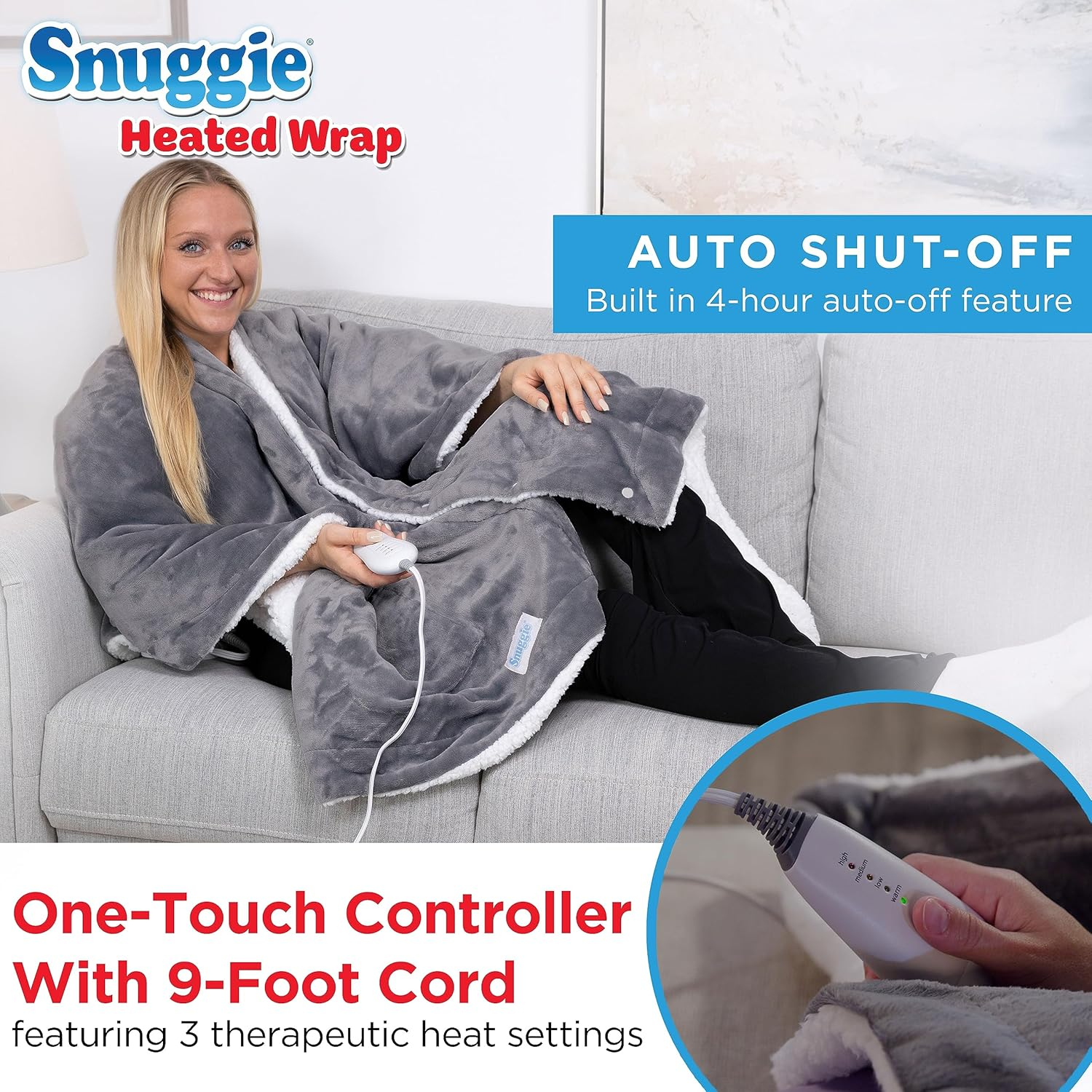 Snuggie Heated Wrap - Wearable Heated Electric Blanket with 4 Heat Settings, Auto Off, 50" x 60" Machine Washable, Warm, Cozy, Super Soft Sherpa, Functional Shawl for Adults- Grey