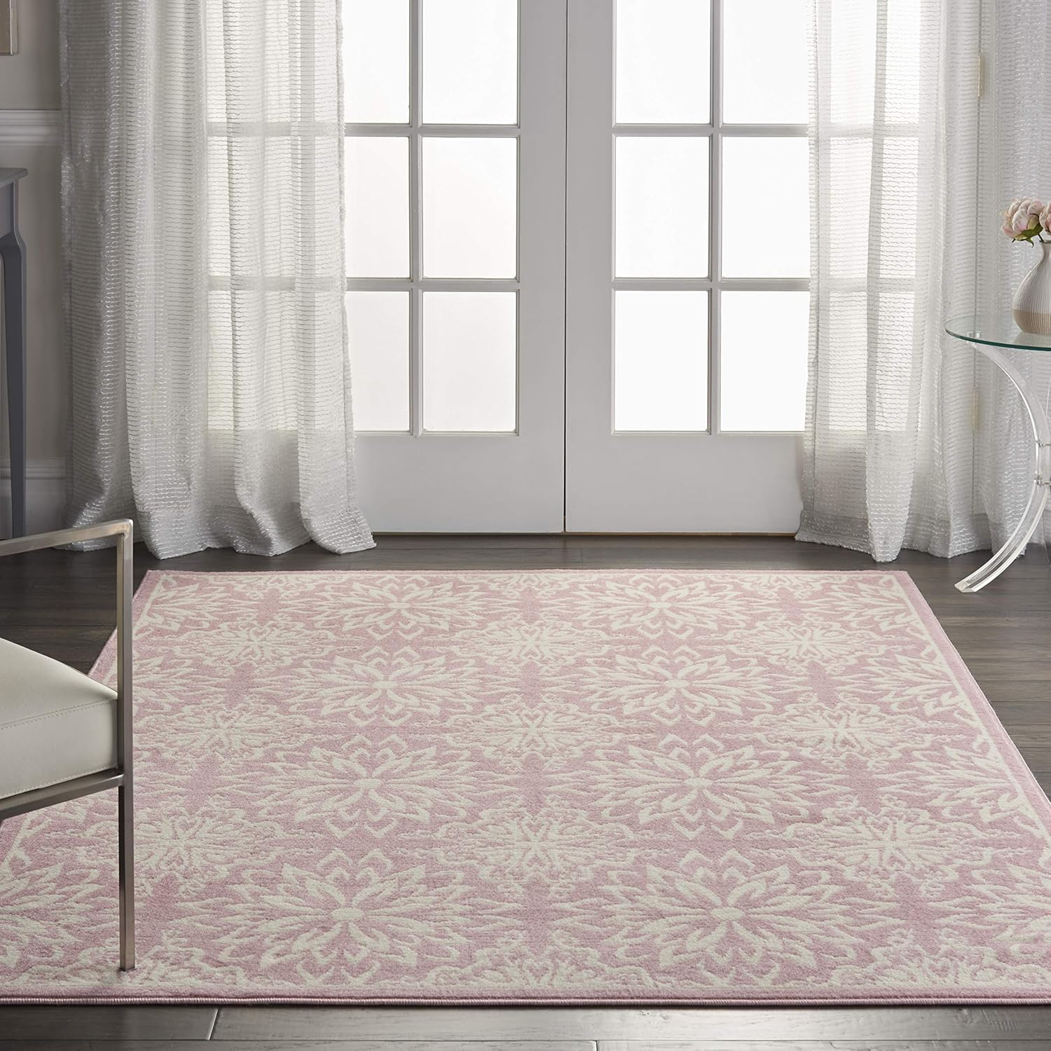 Nourison Jubilant Geometric Floral Ivory/Pink 5'3" x 7'3" Area Rug, (5' x 7')