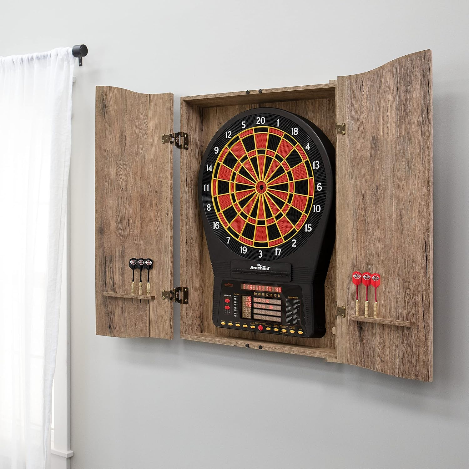 DMI Sports Tan CricketPro Dartboard Cabinet | Designed for Arachnid 15.5” CricketPro 900, 800, 750, 650 Electronic Dartboards | Does Not Include Dartboard