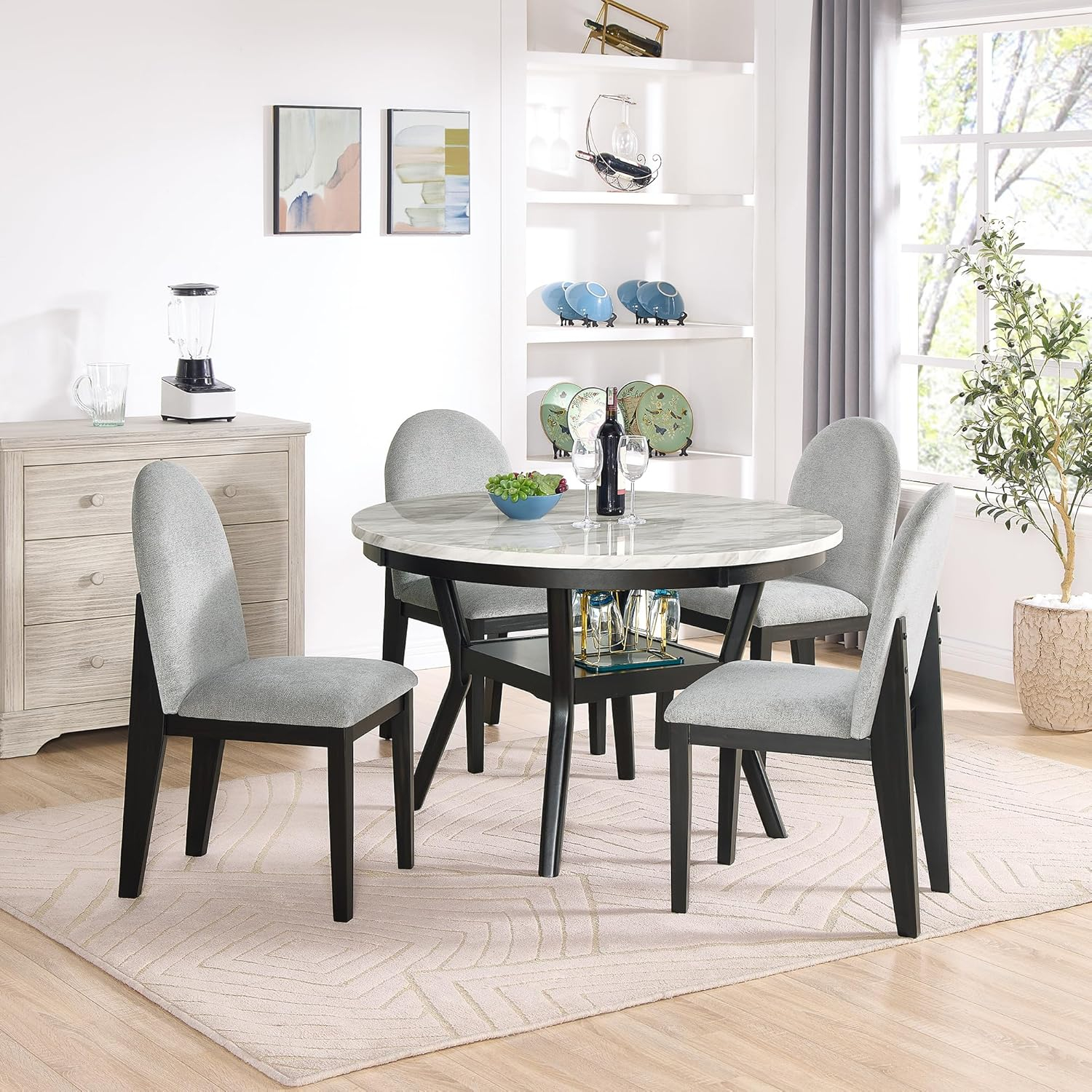 Linique 5 Piece Dining Table Set for 4, Kitchen Table and Chairs for 4, Round Dining Table with 4 Upholstered Chairs and Storage for Dining Room Small Spaces, Black + White