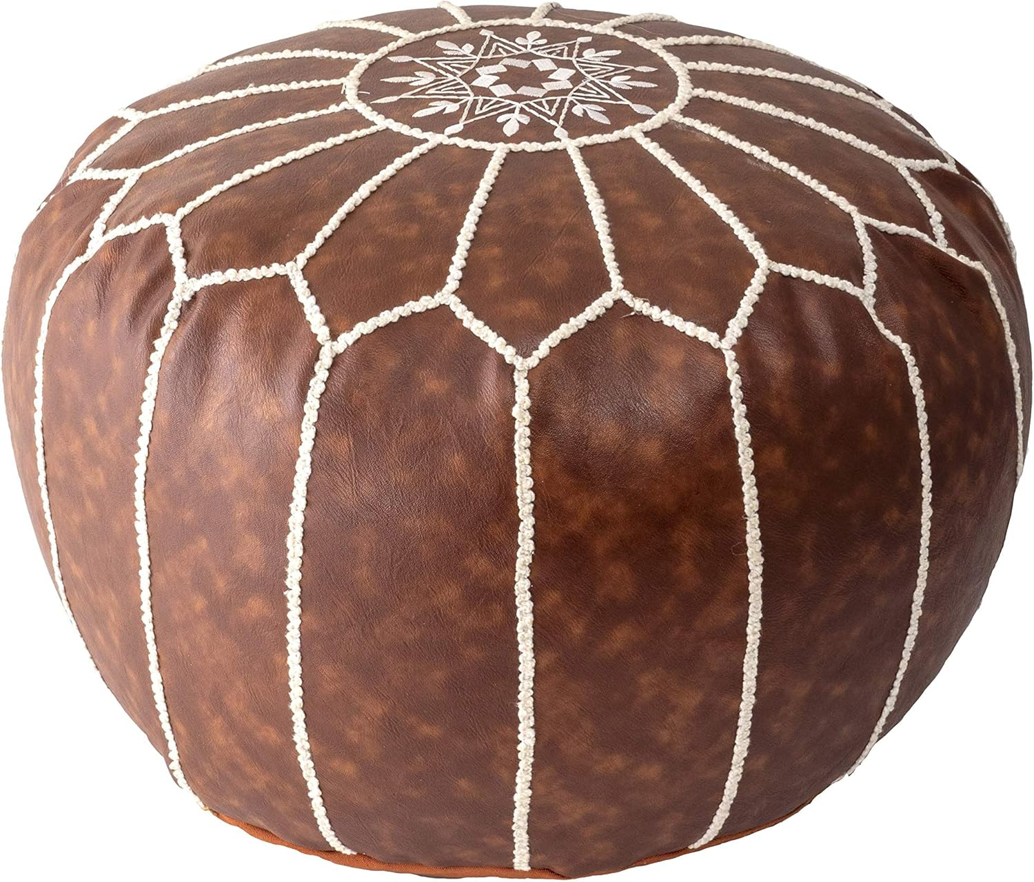 Brown and Ivory Faux Leather Round Moroccan Pouf