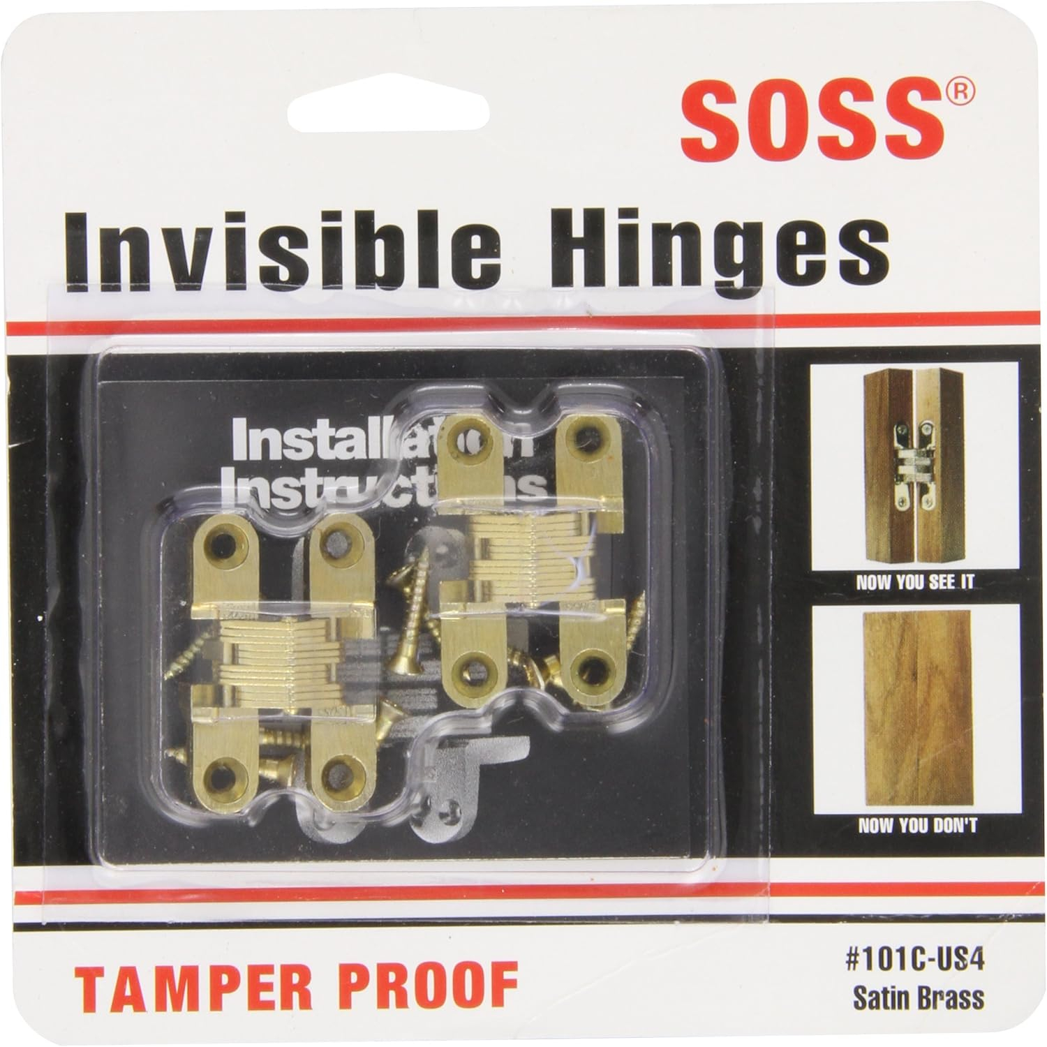 SOSS - 101CUS4 Mortise Mount Invisible Hinges with 4 Holes, Zinc, Satin Brass Finish, 1-11/16" Leaf Height, 3/8" Leaf Width, 29/64" Leaf Thickness, 5 x 3/4" Screw Size (1 Pair)