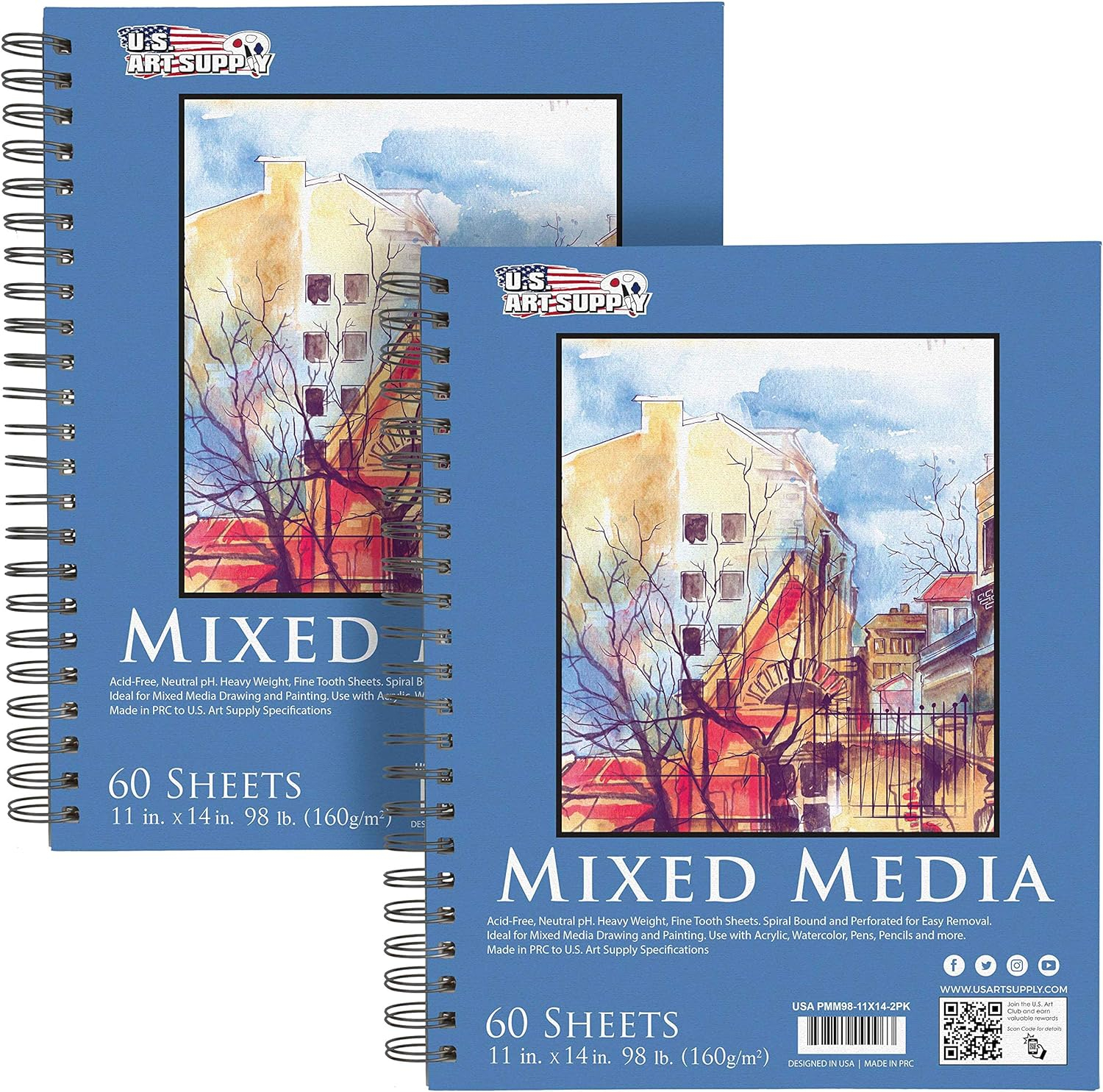 11" x 14" Mixed Media Paper Pad Sketchbook, 2 Pack, 60 Sheets, 98 lb (160 gsm) - Spiral-Bound, Perforated, Acid-Free - Artist Sketching, Drawing, Painting Watercolor, Acrylic,