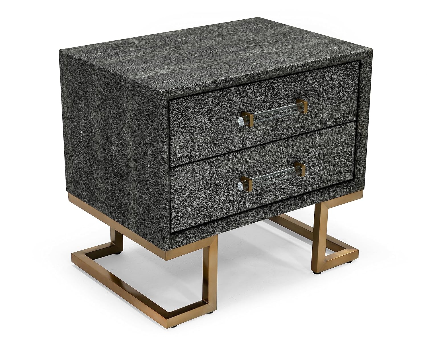 Rosard Collection Modern Bedroom Textured Leatherette Finished Nightstand with 2 Drawers, Grey, Gold