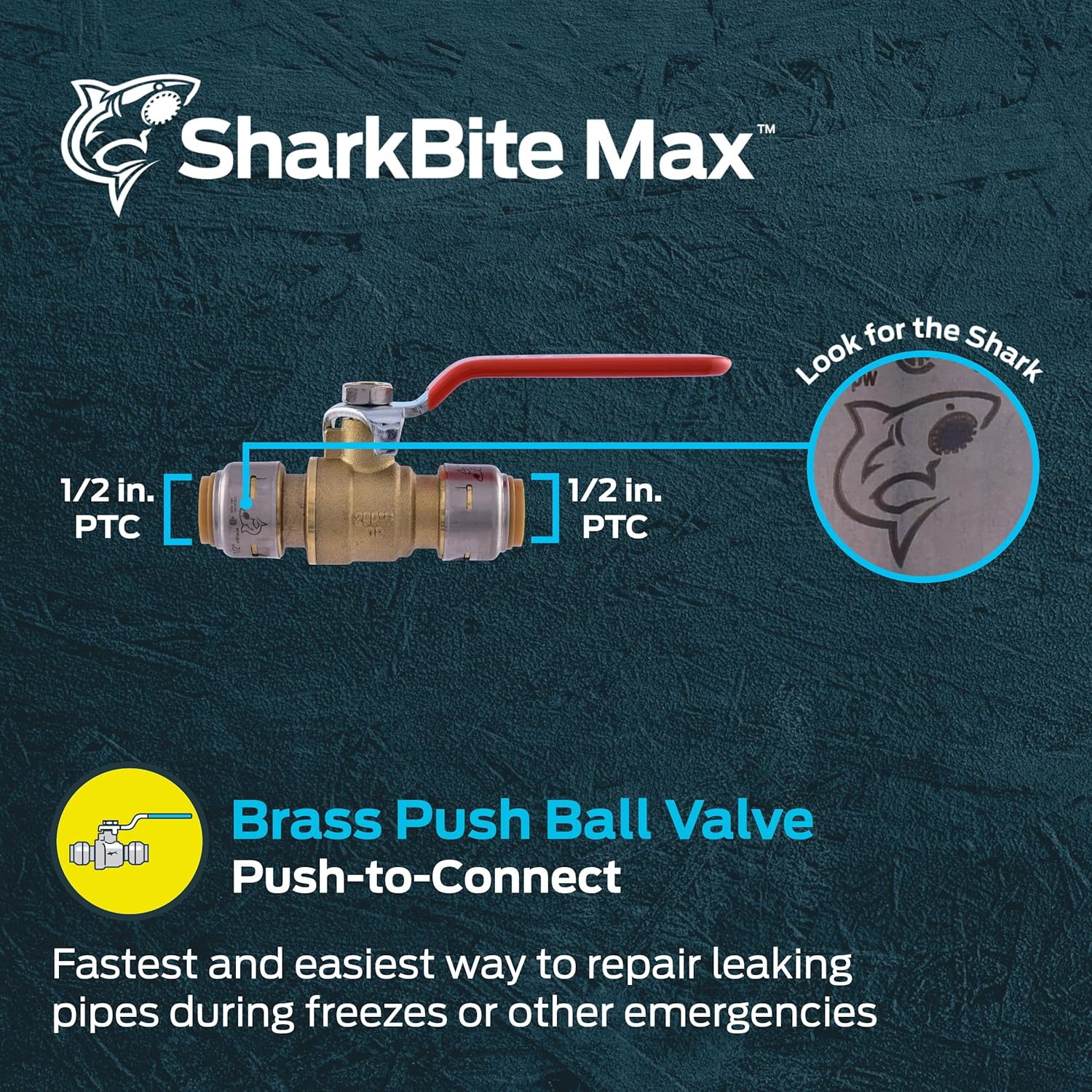 SharkBite Max 1/2 Inch Ball Valve, Push to Connect Brass Plumbing Fitting, Water Shut Off, PEX Pipe, Copper, CPVC, PE-RT, HDPE, UR22222A